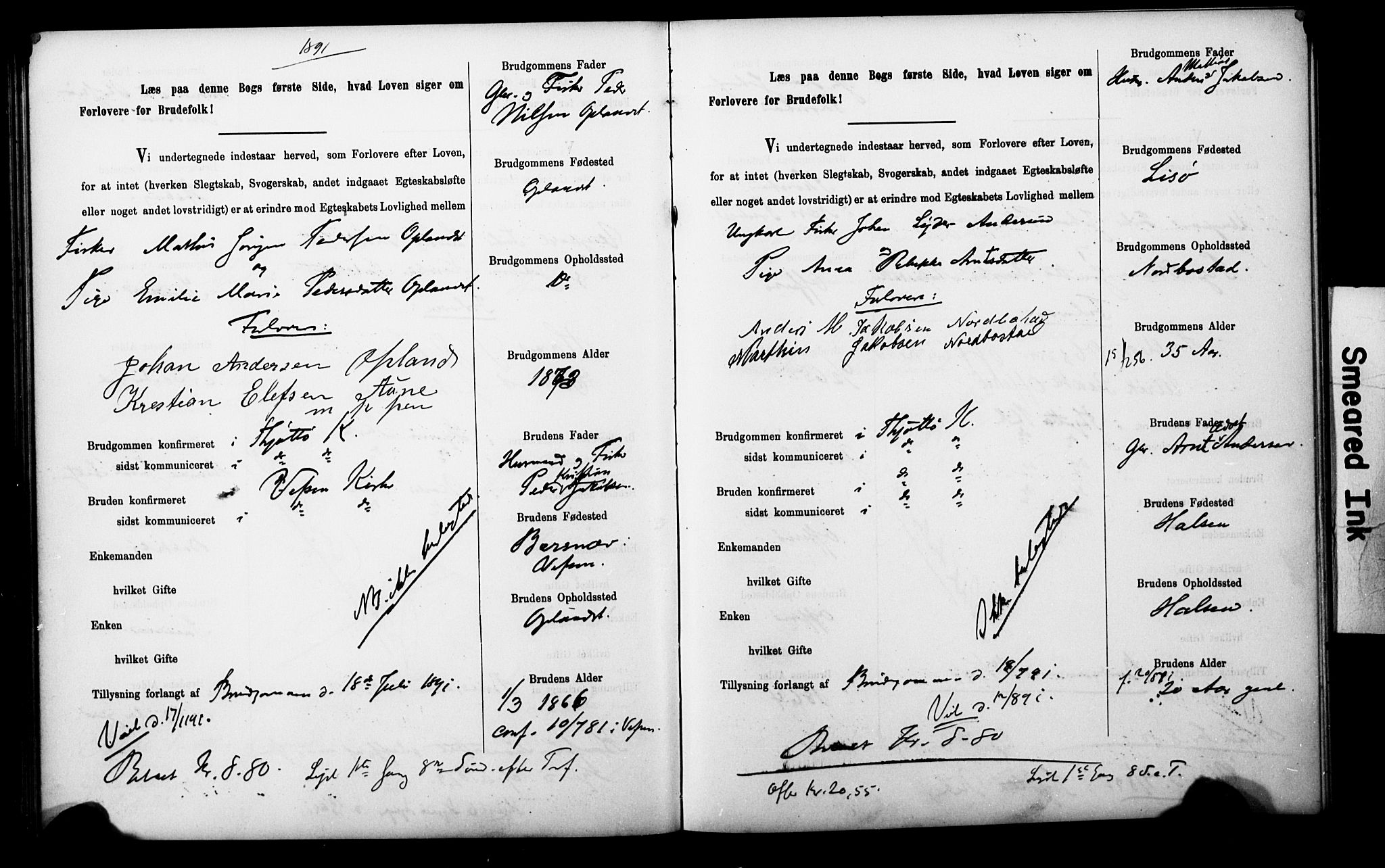 Uten arkivreferanse**, SAT/-: Banns register no. 1 /2 (Trøgstad), 1891-1895