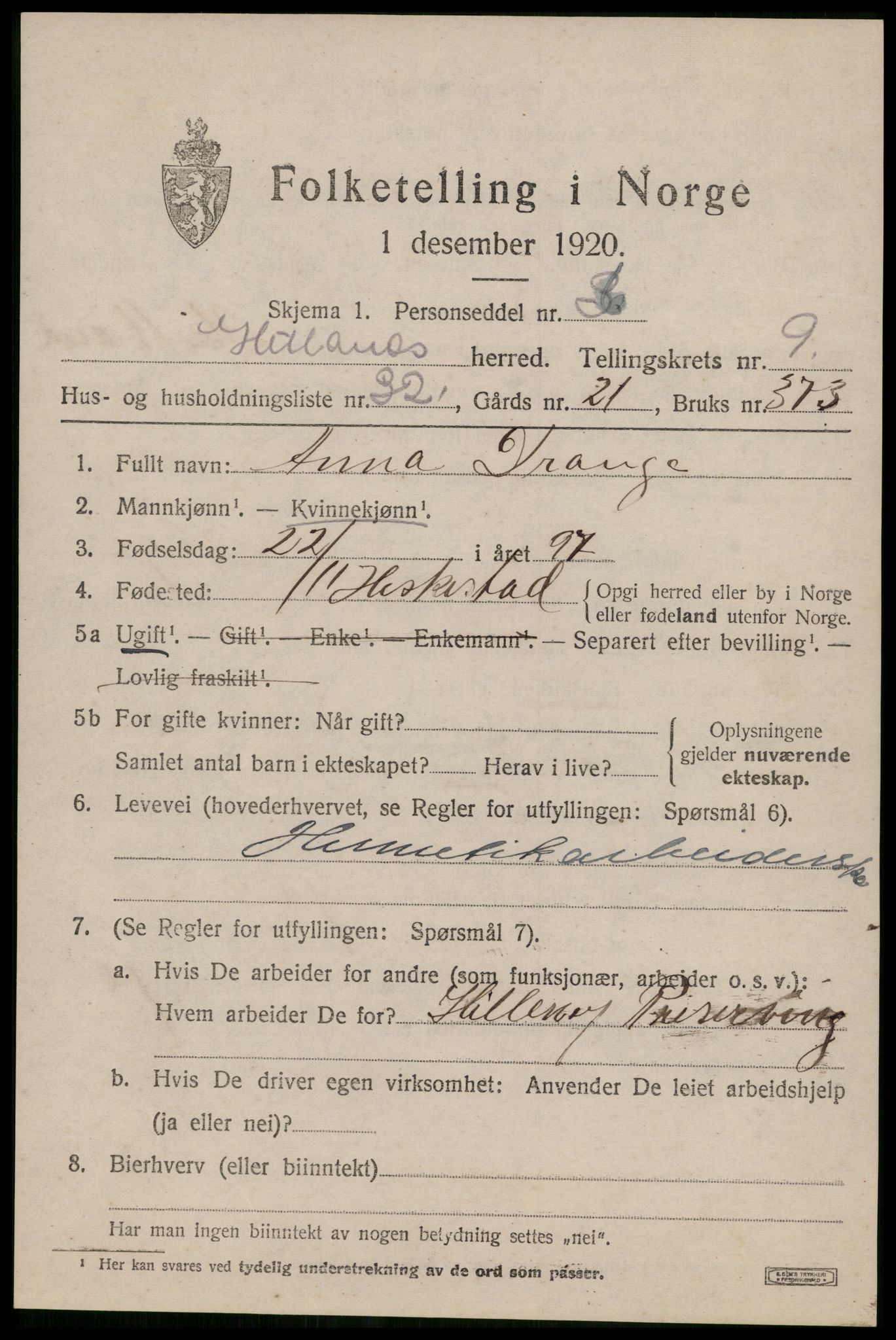 SAST, 1920 census for Hetland, 1920, p. 18171