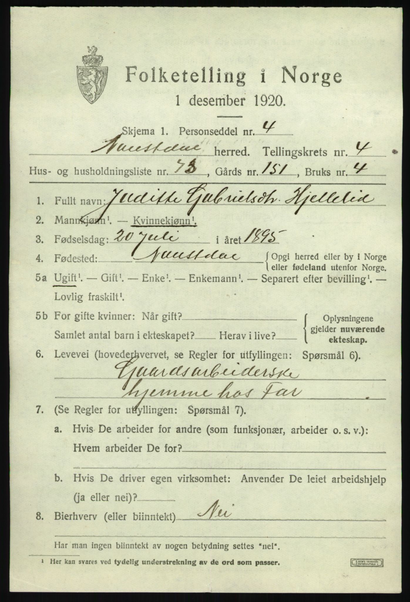 SAB, 1920 census for Naustdal, 1920, p. 3081