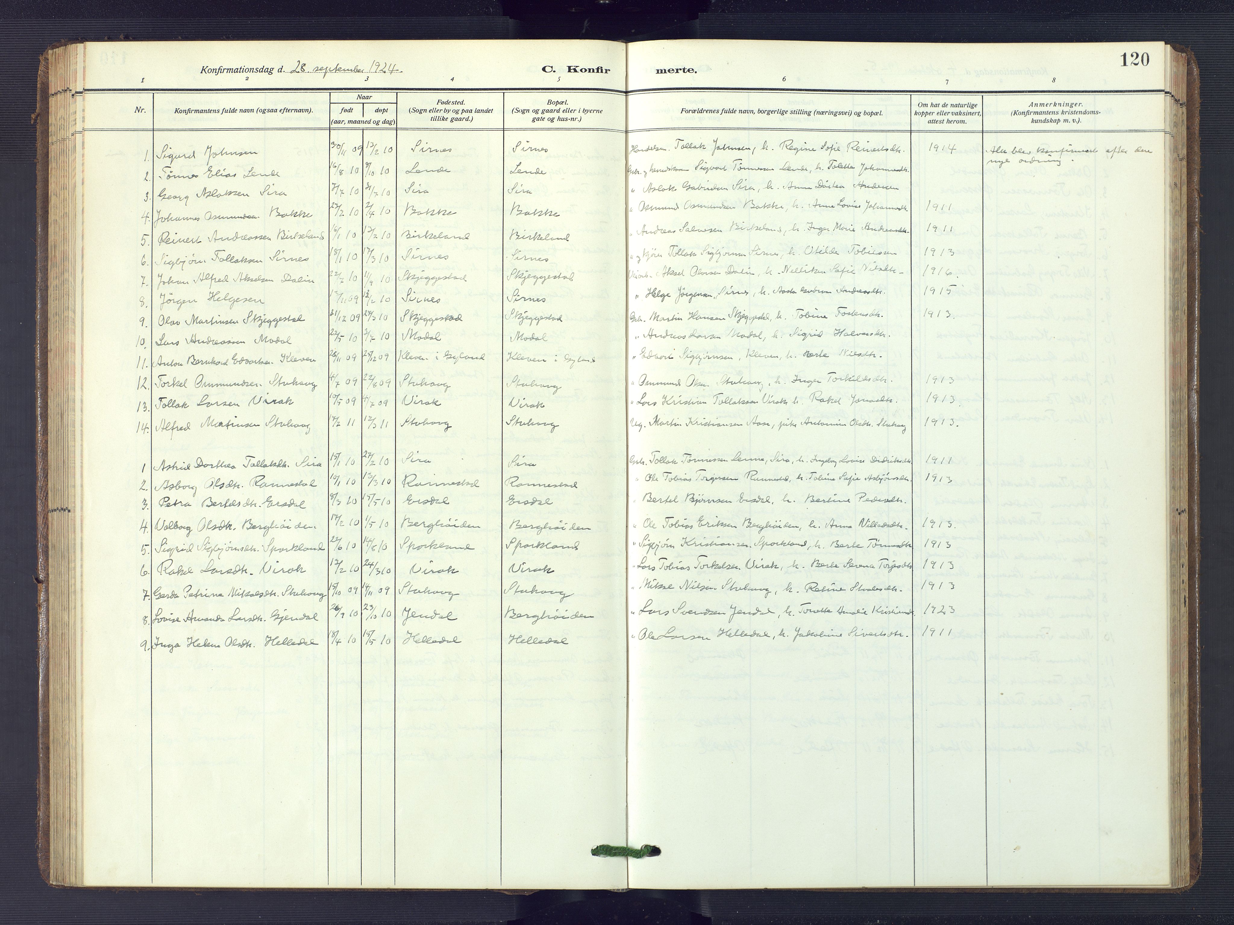 Bakke sokneprestkontor, SAK/1111-0002/F/Fb/Fba/L0004: Parish register (copy) no. B 4, 1911-1946, p. 120