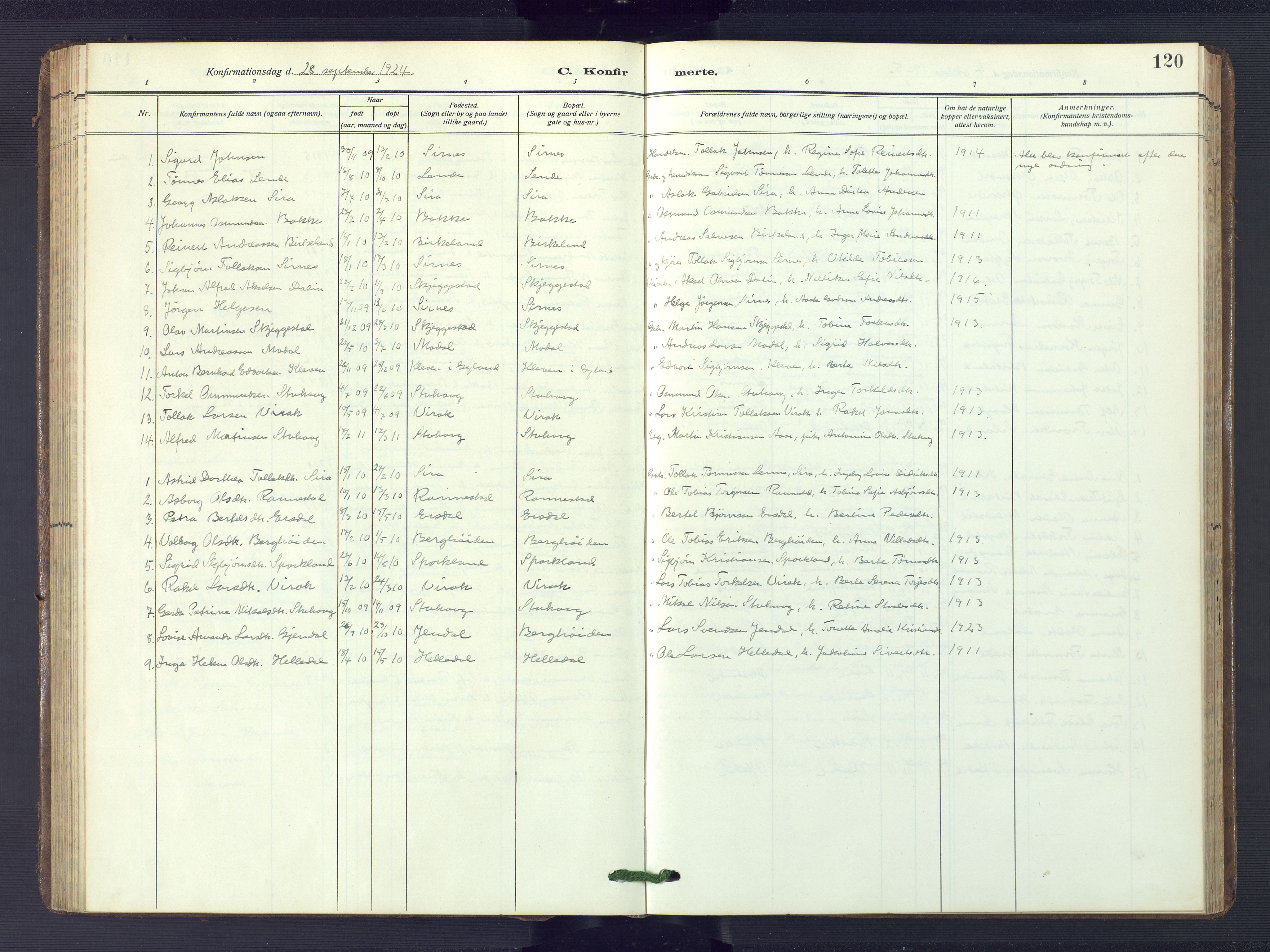 Bakke sokneprestkontor, AV/SAK-1111-0002/F/Fb/Fba/L0004: Parish register (copy) no. B 4, 1911-1946, p. 120