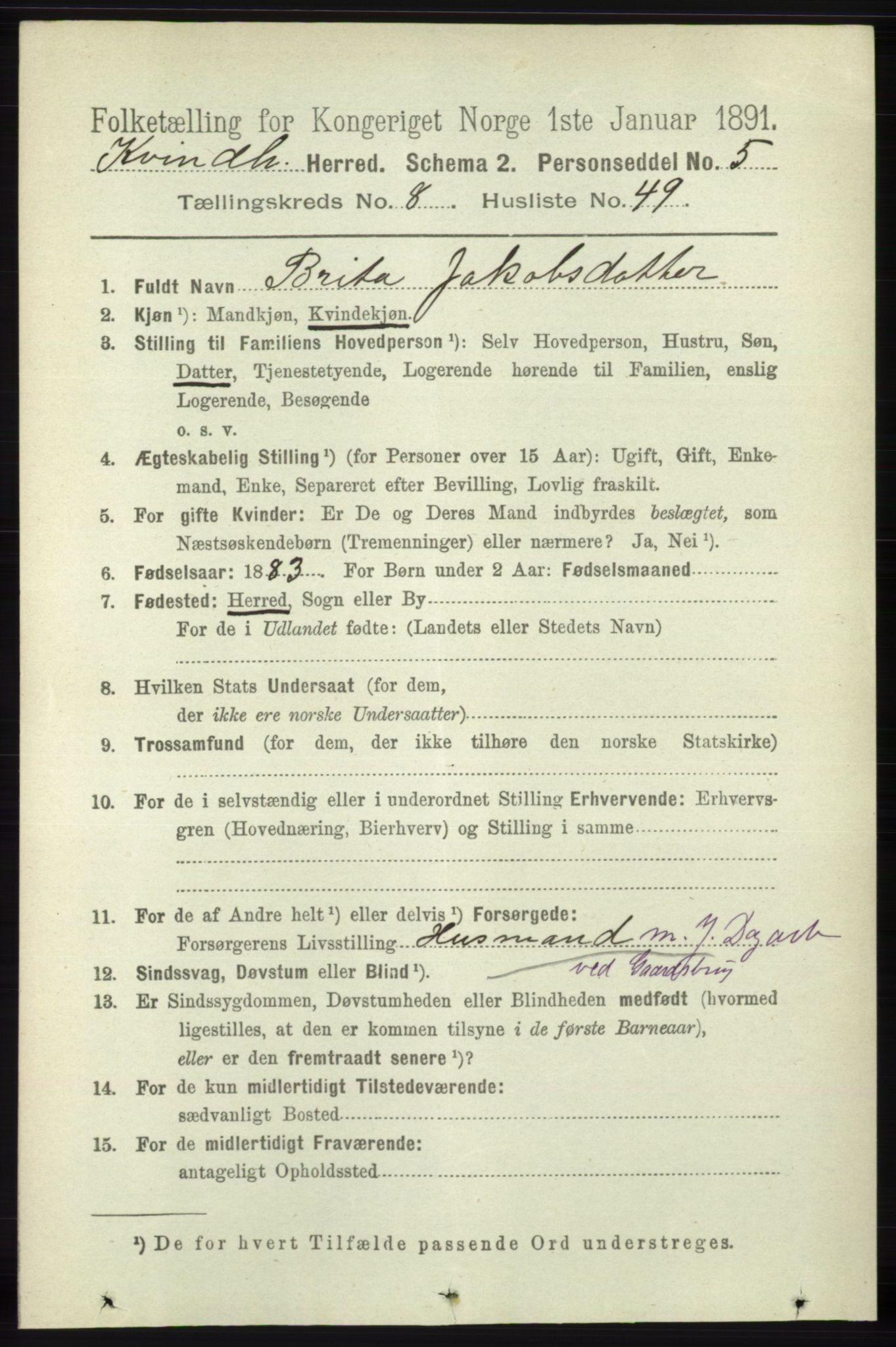 RA, 1891 census for 1224 Kvinnherad, 1891, p. 3260