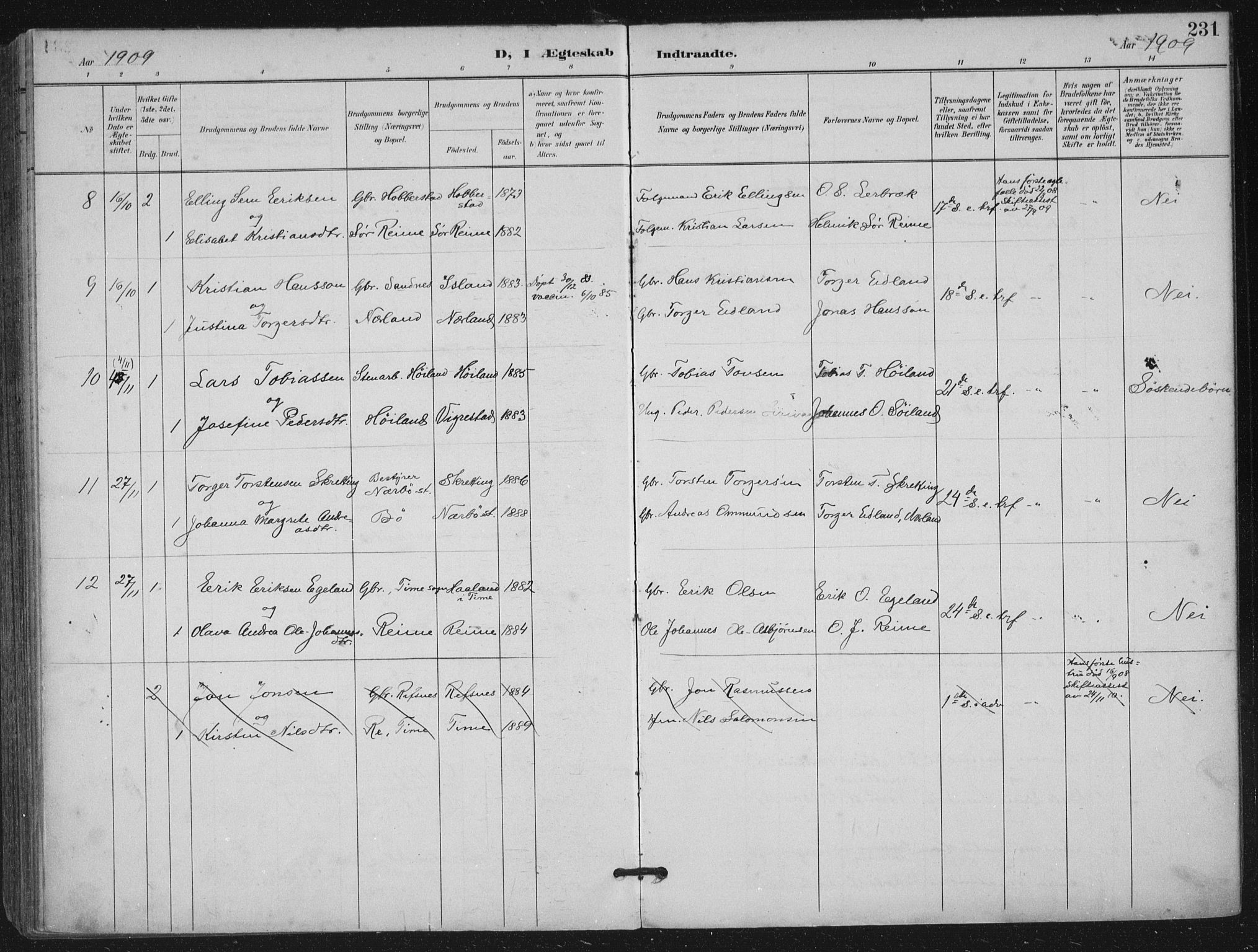 Hå sokneprestkontor, SAST/A-101801/002/B/L0001: Parish register (official) no. A 11, 1897-1924, p. 231