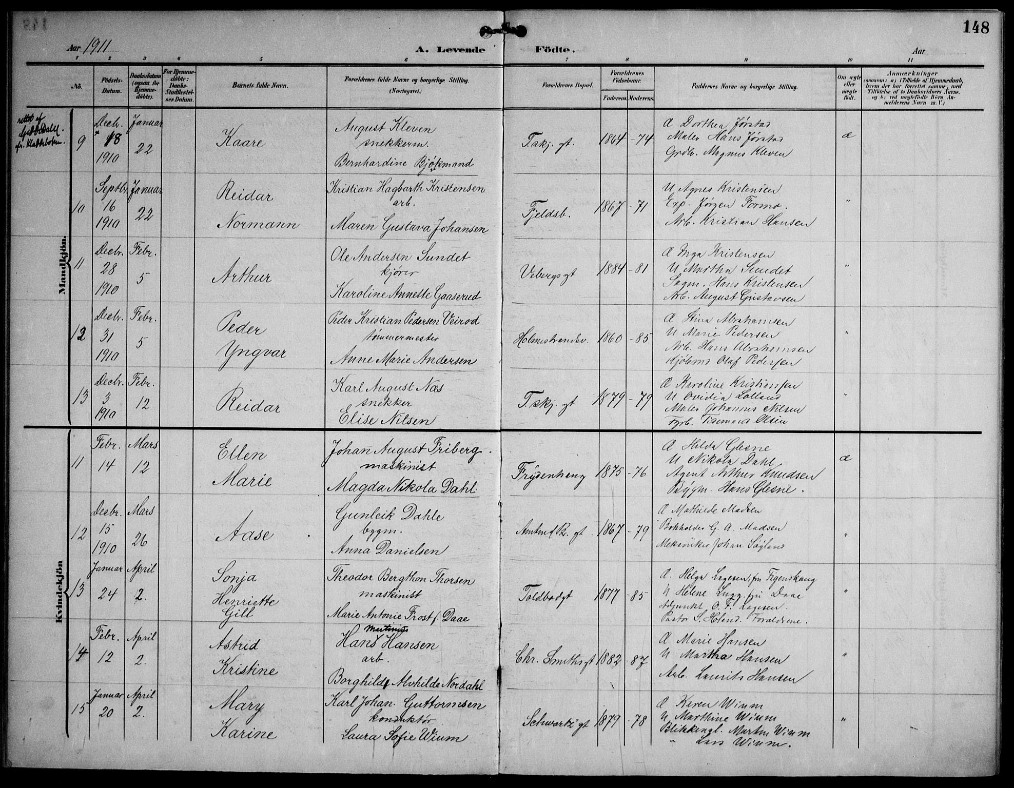 Strømsø kirkebøker, AV/SAKO-A-246/F/Fa/L0026: Parish register (official) no. I 26, 1905-1914, p. 148