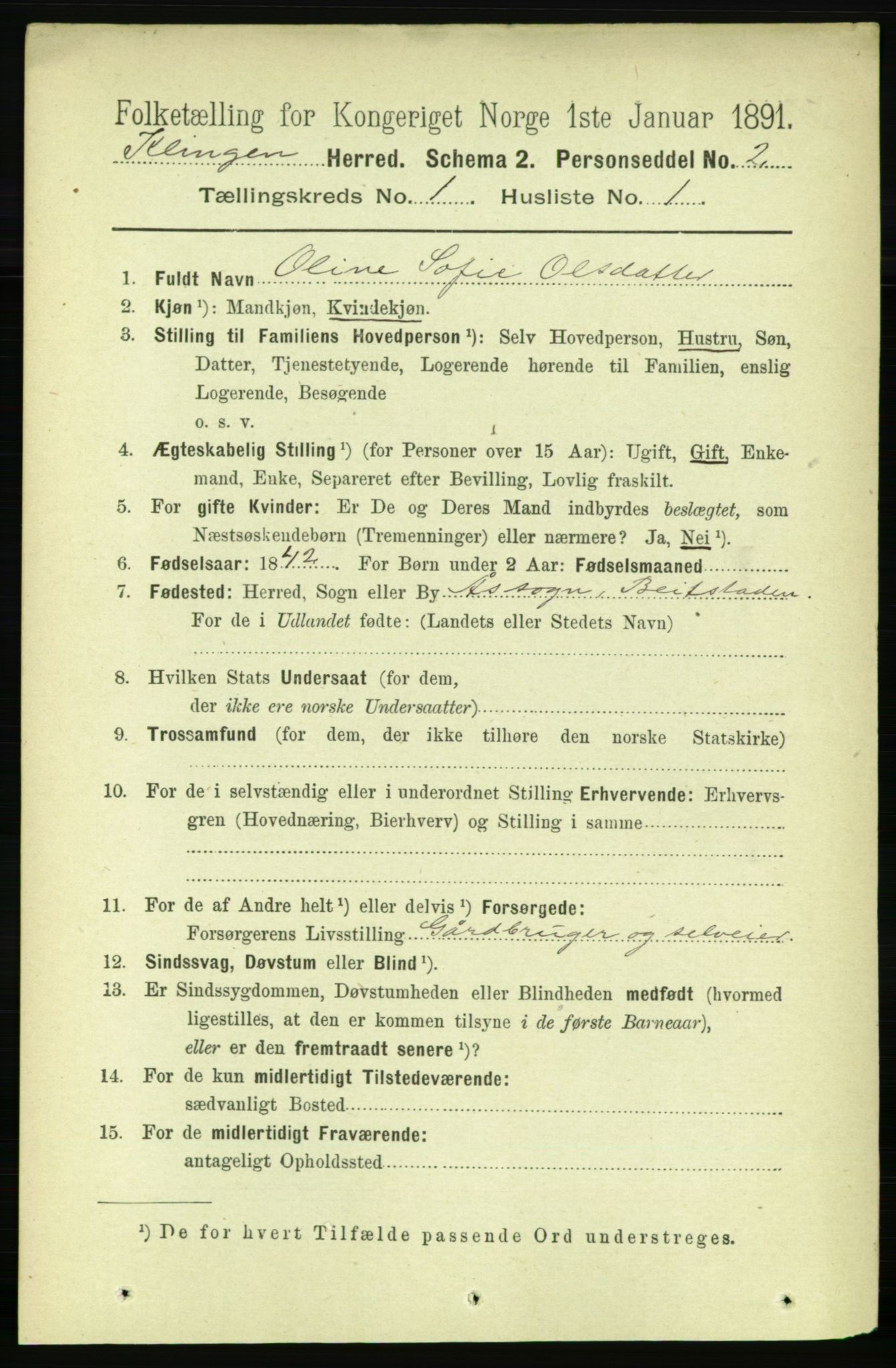 RA, 1891 census for 1746 Klinga, 1891, p. 85