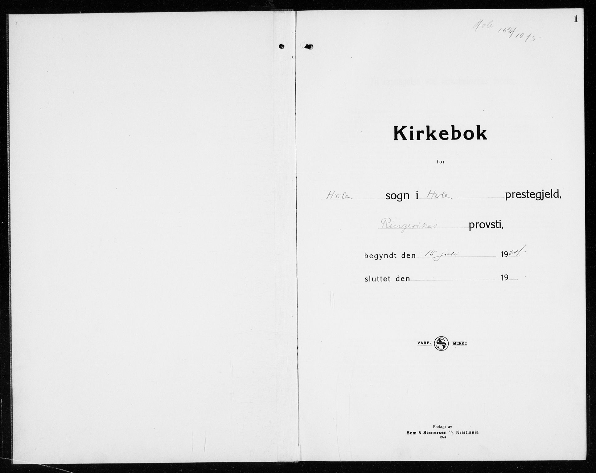 Hole kirkebøker, AV/SAKO-A-228/G/Ga/L0005: Parish register (copy) no. I 5, 1924-1938, p. 1