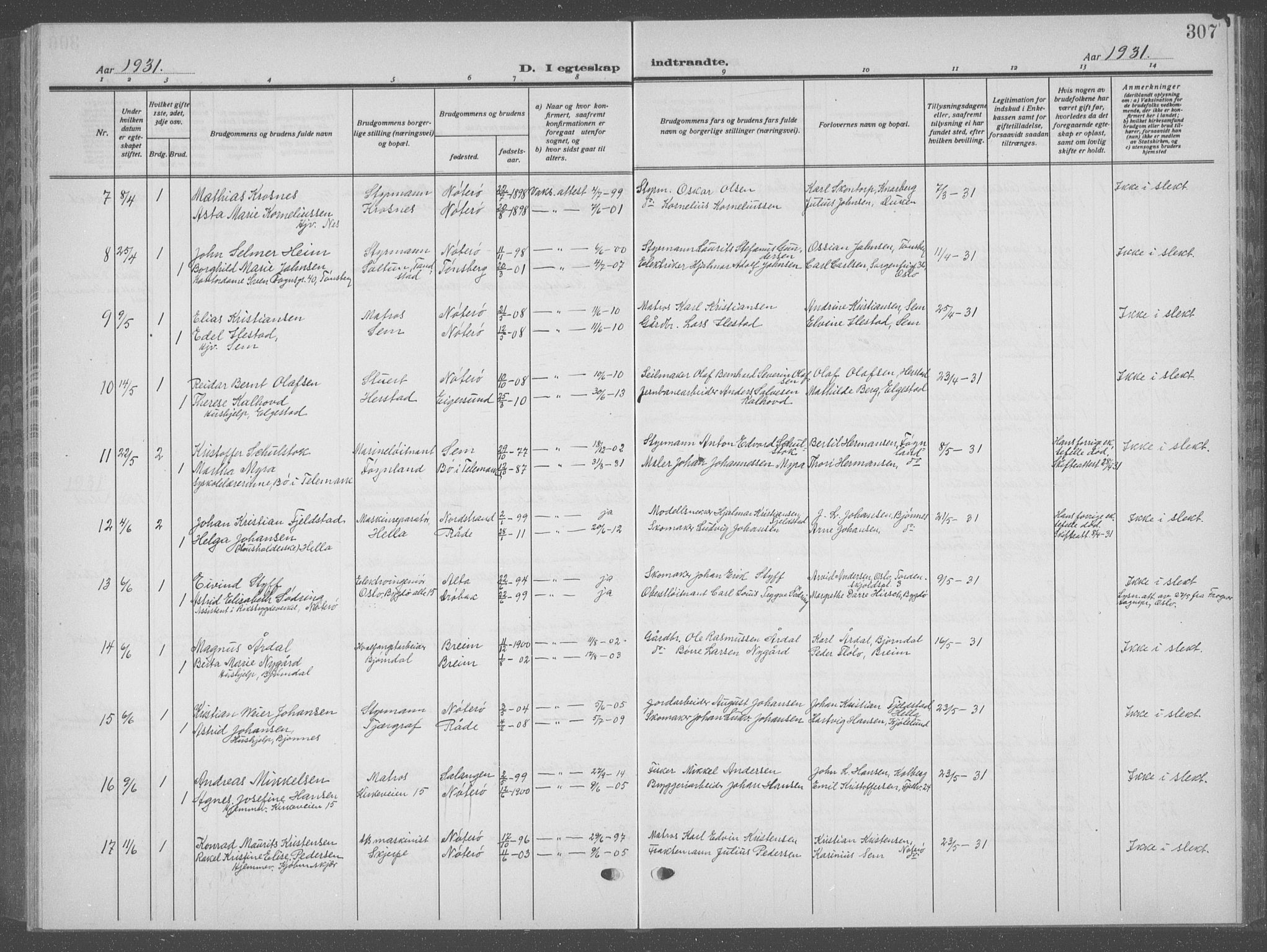 Nøtterøy kirkebøker, AV/SAKO-A-354/G/Ga/L0006: Parish register (copy) no. I 6, 1925-1939, p. 307