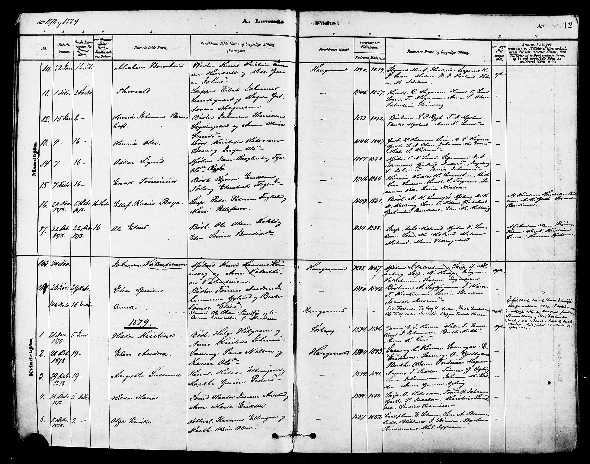 Haugesund sokneprestkontor, AV/SAST-A -101863/H/Ha/Haa/L0001: Parish register (official) no. A 1, 1878-1885, p. 12