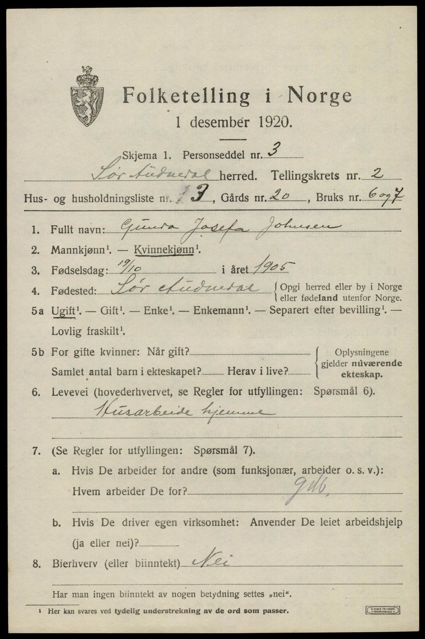 SAK, 1920 census for Sør-Audnedal, 1920, p. 1601