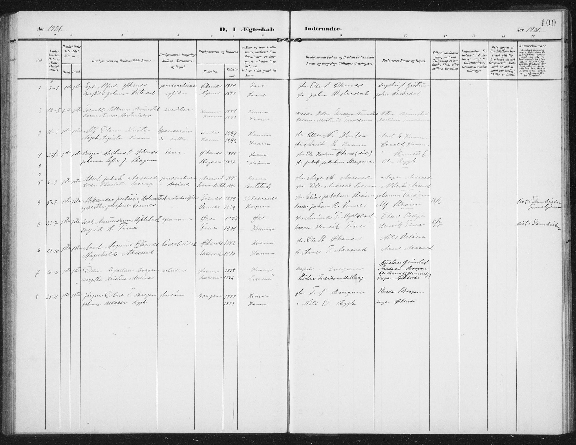 Ministerialprotokoller, klokkerbøker og fødselsregistre - Nord-Trøndelag, SAT/A-1458/747/L0460: Parish register (copy) no. 747C02, 1908-1939, p. 100