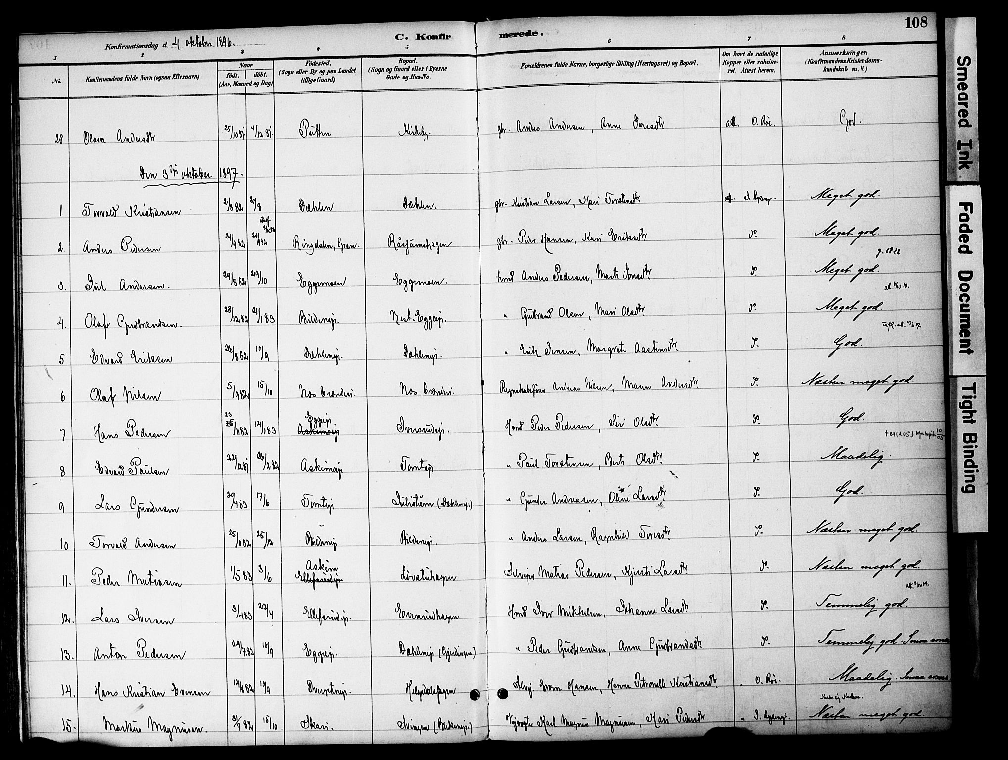 Gran prestekontor, SAH/PREST-112/H/Ha/Haa/L0020: Parish register (official) no. 20, 1889-1899, p. 108