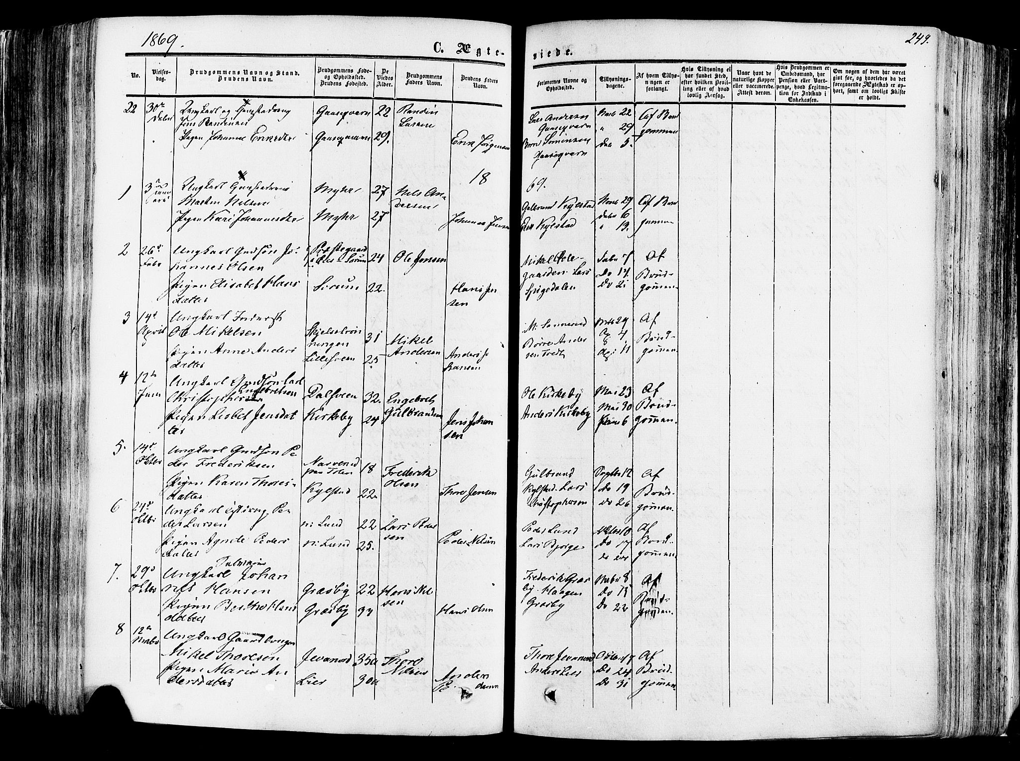 Vang prestekontor, Hedmark, SAH/PREST-008/H/Ha/Haa/L0013: Parish register (official) no. 13, 1855-1879, p. 249