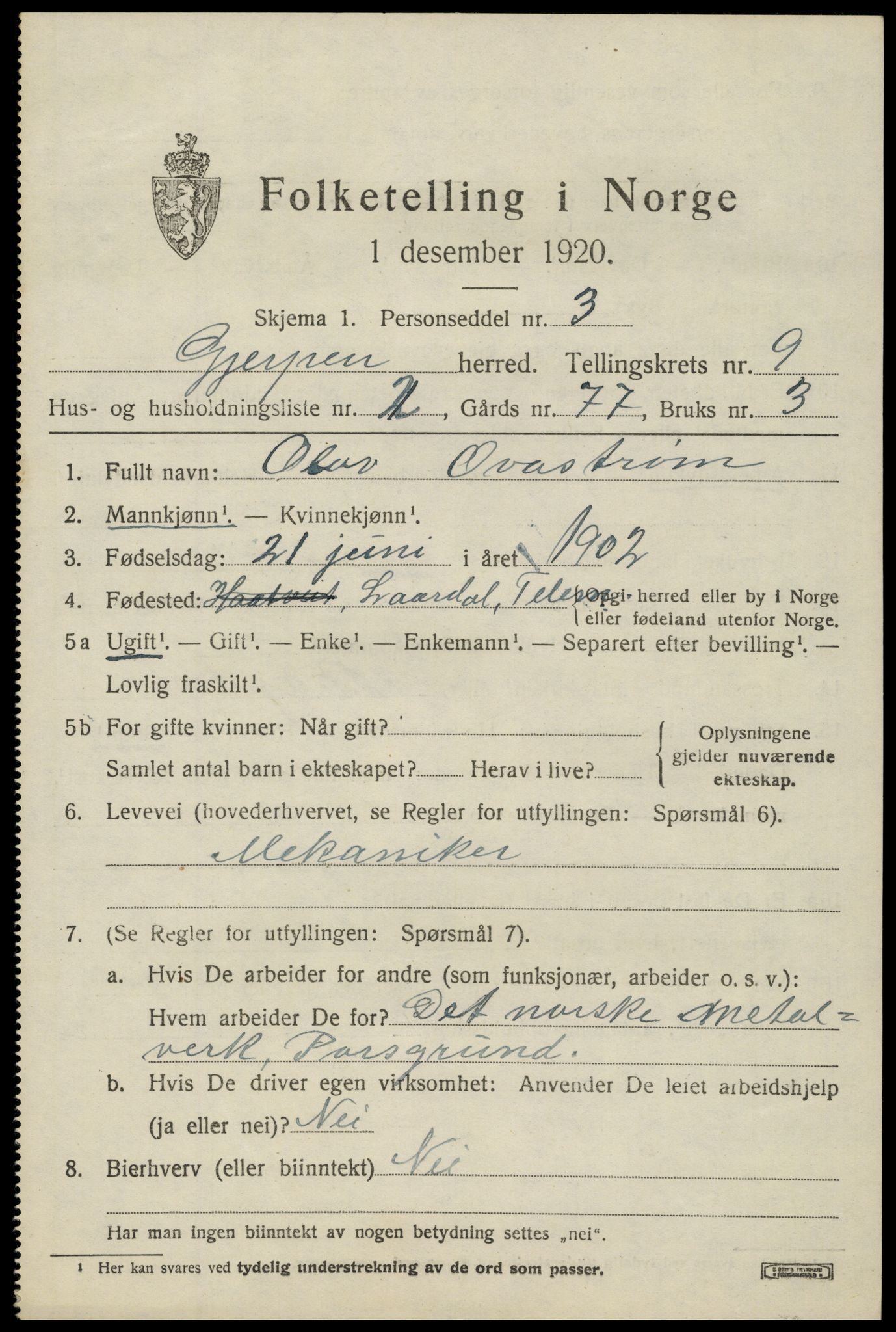 SAKO, 1920 census for Gjerpen, 1920, p. 10794