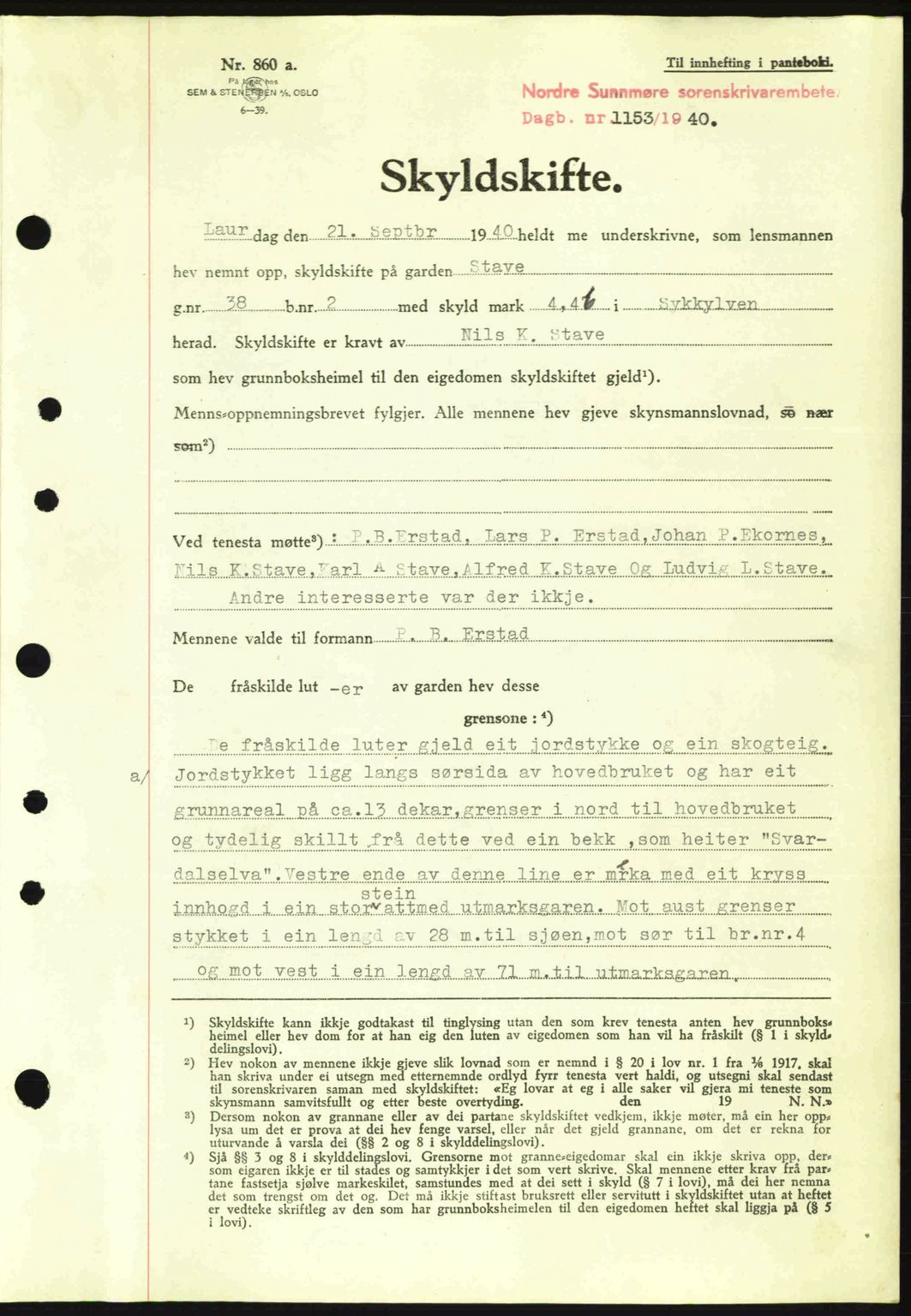 Nordre Sunnmøre sorenskriveri, AV/SAT-A-0006/1/2/2C/2Ca: Mortgage book no. A9, 1940-1940, Diary no: : 1153/1940