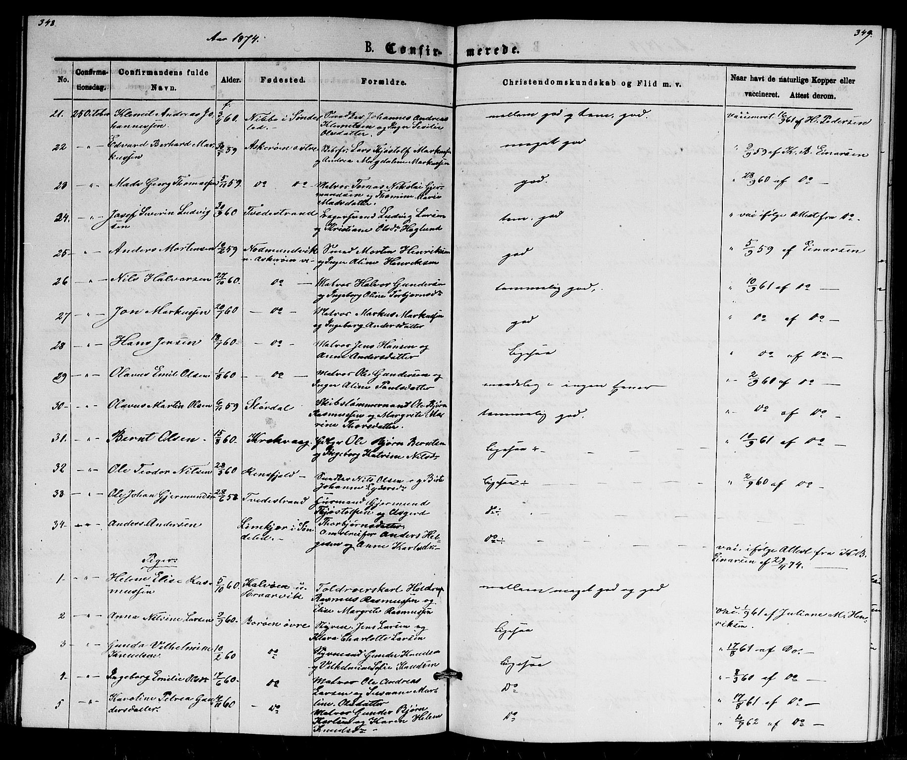 Dypvåg sokneprestkontor, SAK/1111-0007/F/Fb/Fba/L0012: Parish register (copy) no. B 12, 1872-1886, p. 348-349