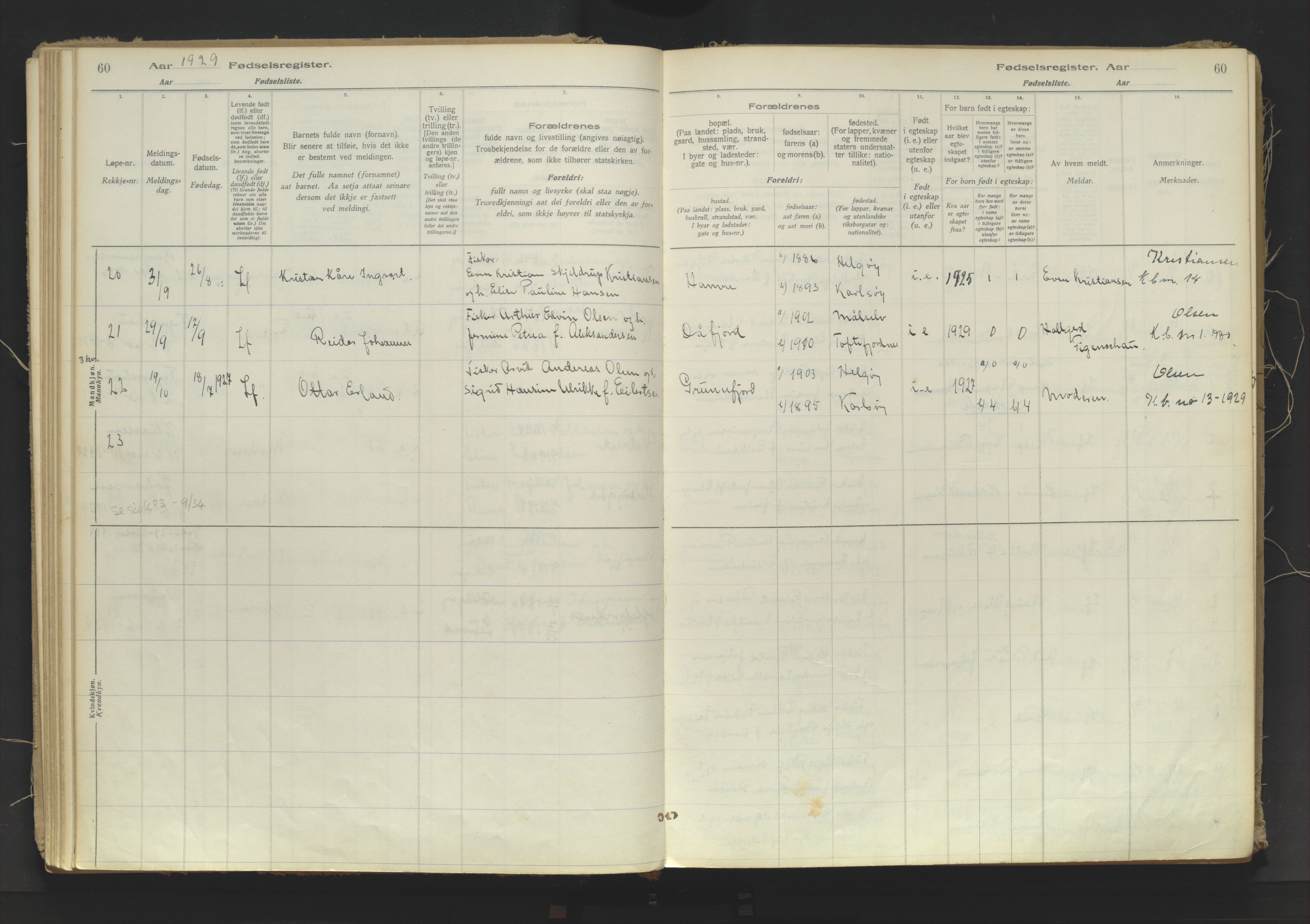 Karlsøy sokneprestembete, AV/SATØ-S-1299/I/Ic/L0067: Birth register no. 67, 1916-1958, p. 60