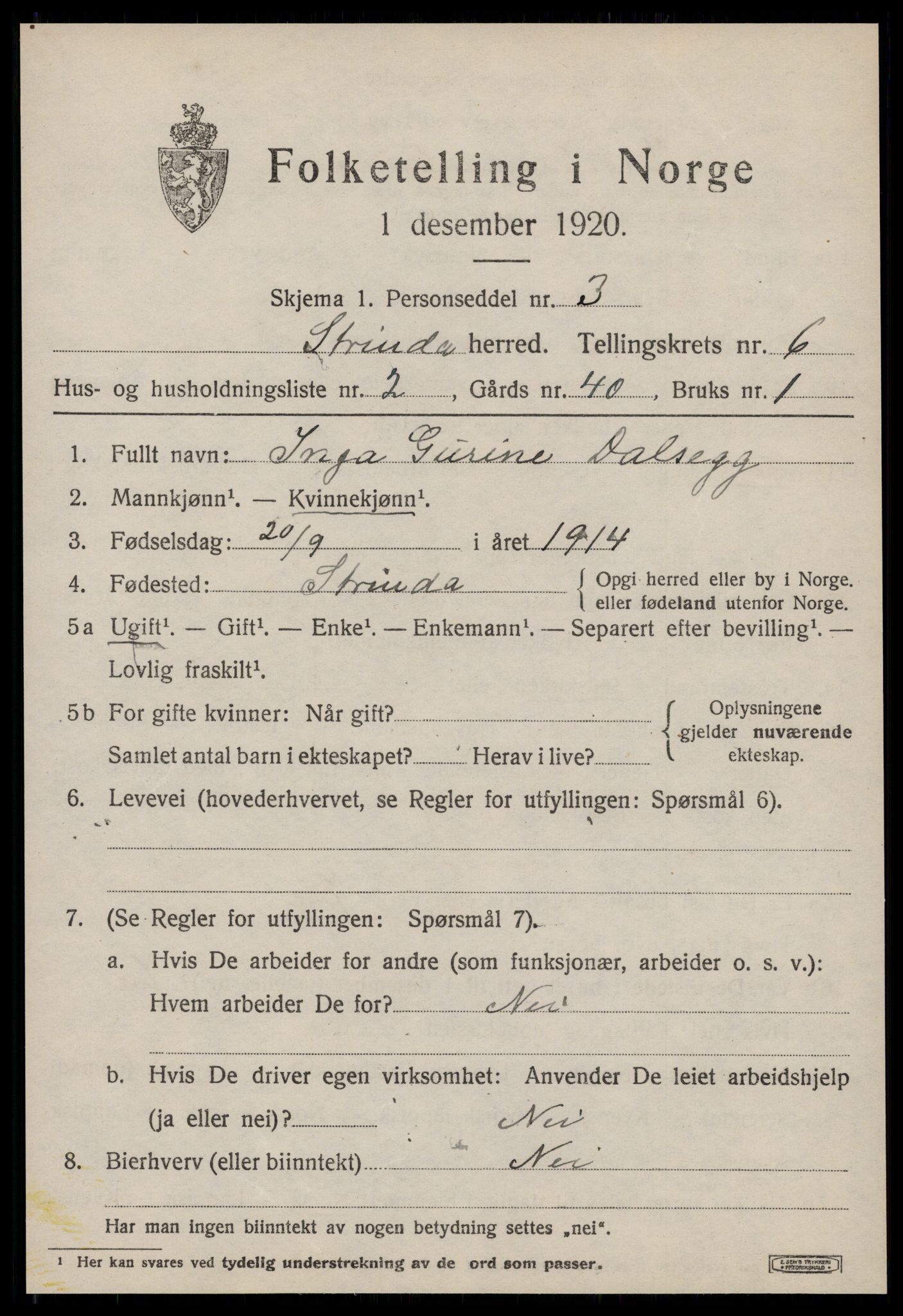 SAT, 1920 census for Strinda, 1920, p. 14460