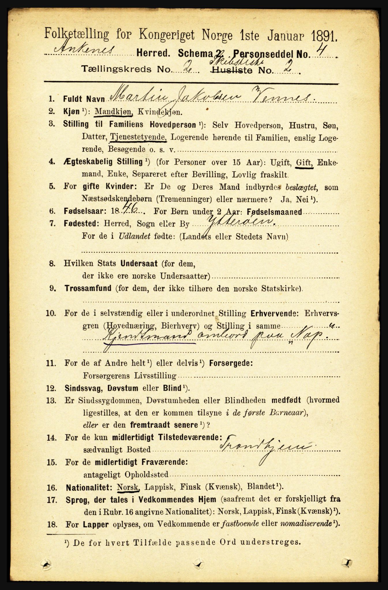 RA, 1891 census for 1855 Ankenes, 1891, p. 1407