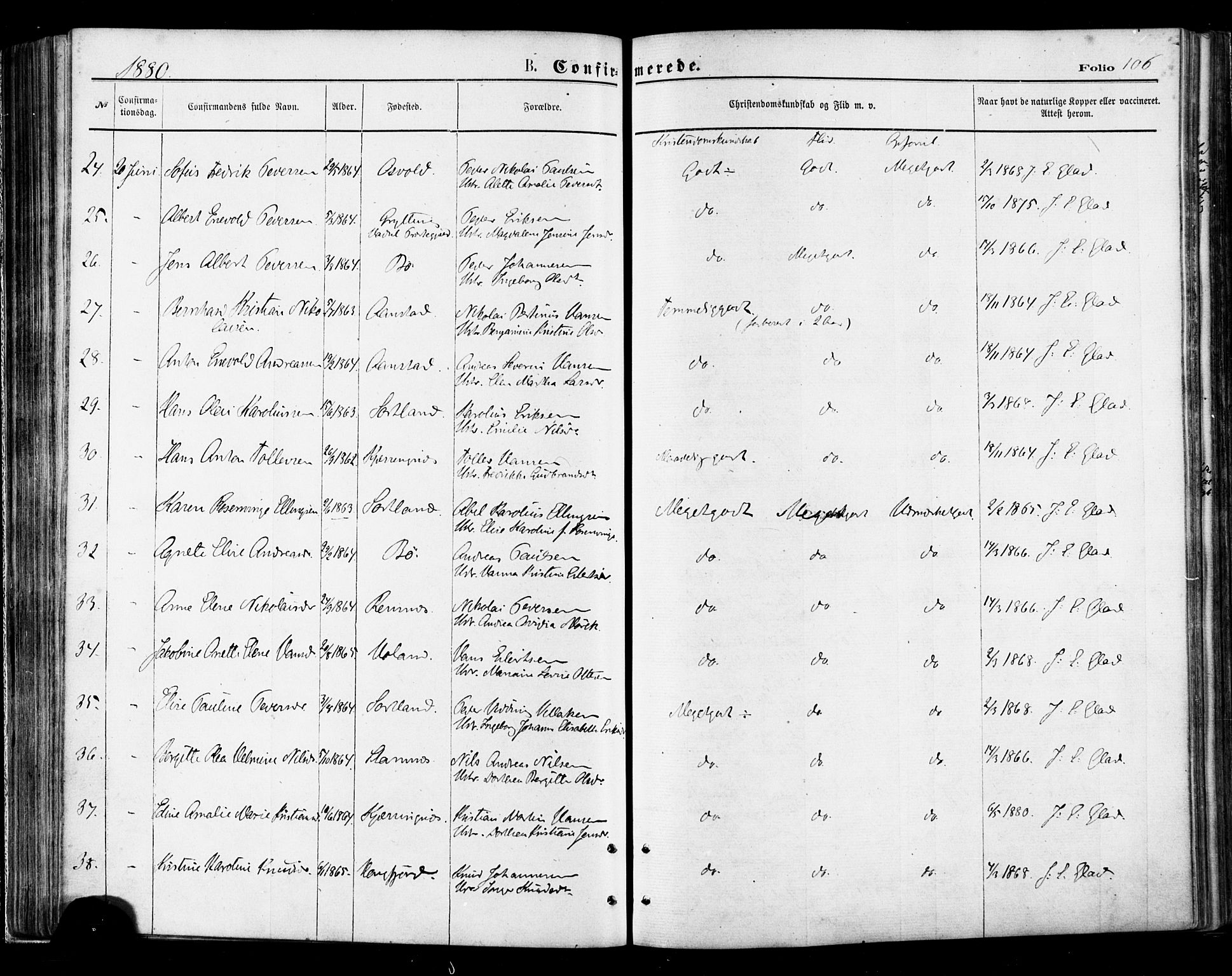 Ministerialprotokoller, klokkerbøker og fødselsregistre - Nordland, AV/SAT-A-1459/895/L1370: Parish register (official) no. 895A05, 1873-1884, p. 106