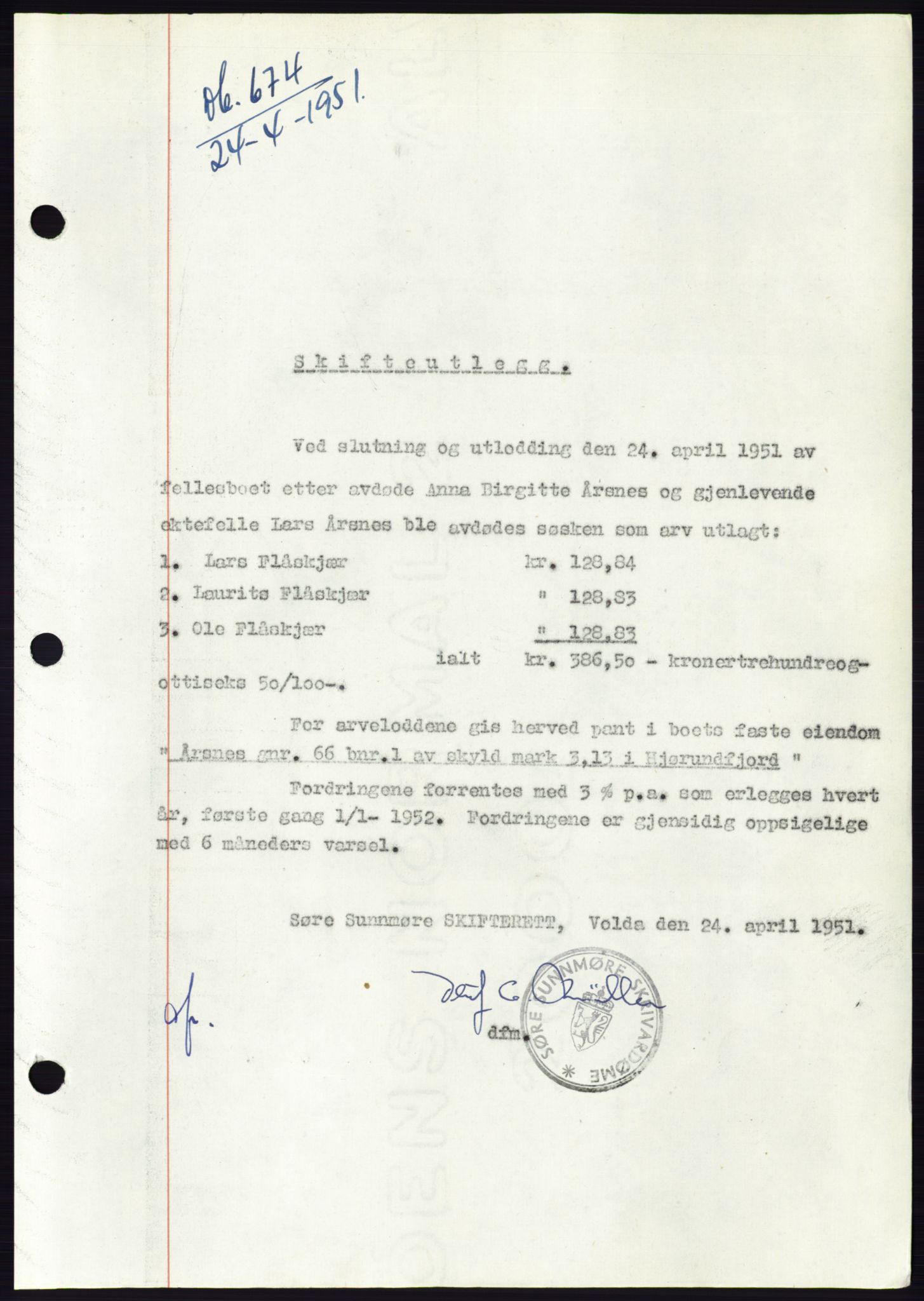 Søre Sunnmøre sorenskriveri, AV/SAT-A-4122/1/2/2C/L0089: Mortgage book no. 15A, 1951-1951, Diary no: : 674/1951