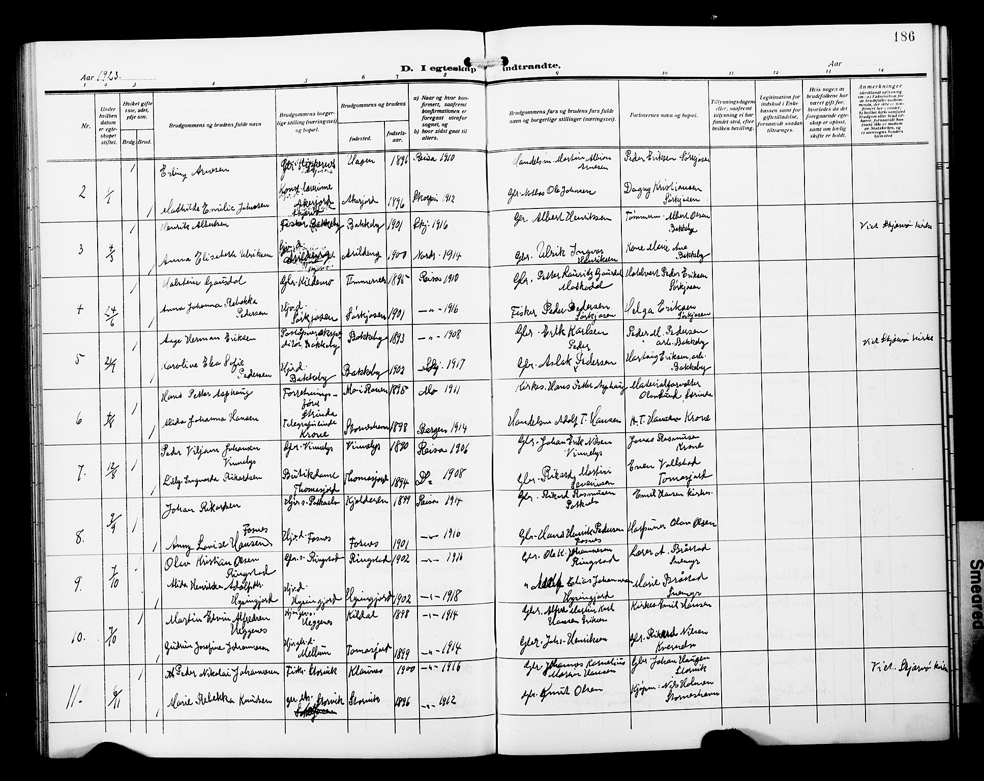 Skjervøy sokneprestkontor, AV/SATØ-S-1300/H/Ha/Hab/L0022klokker: Parish register (copy) no. 22, 1910-1926, p. 186