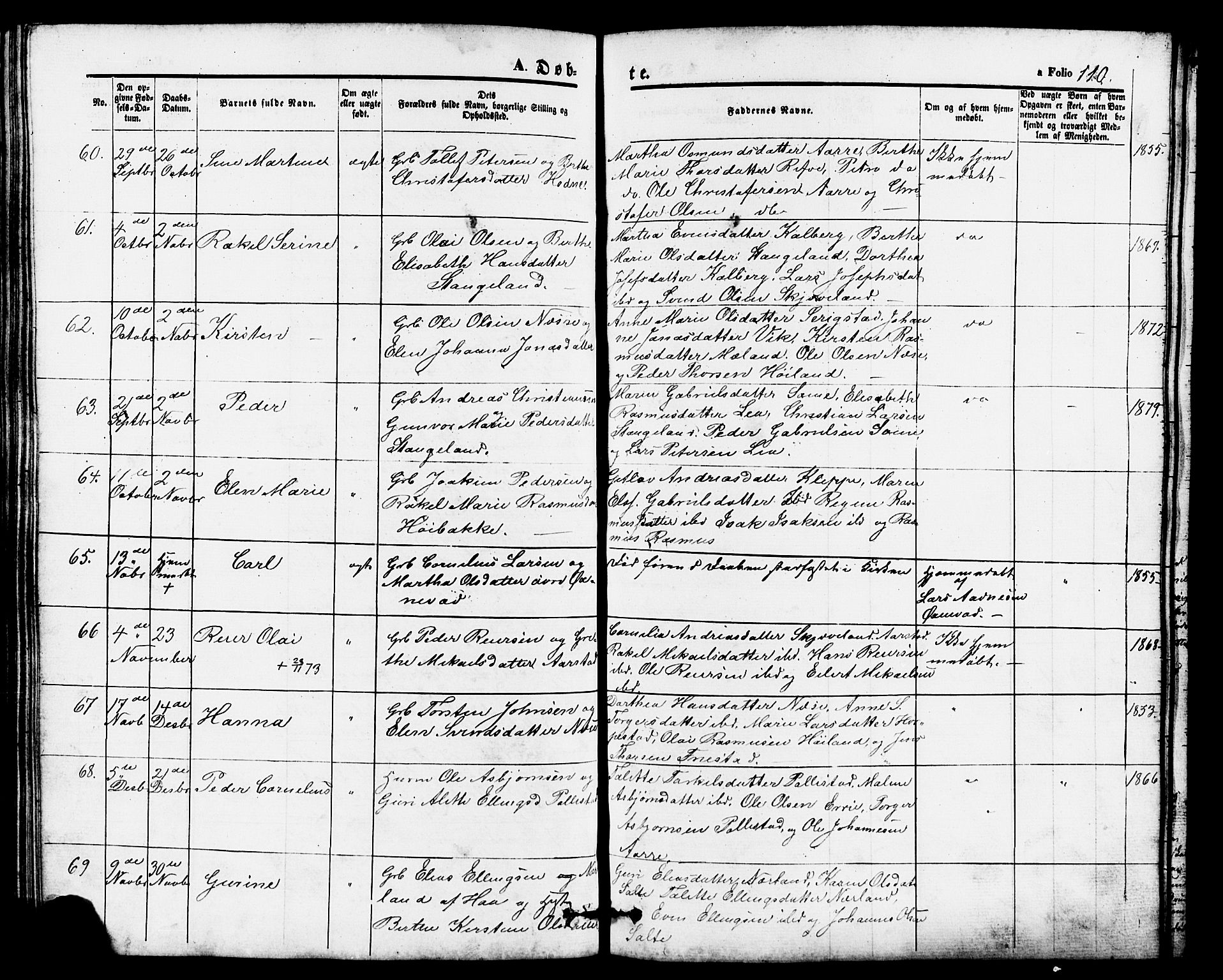 Klepp sokneprestkontor, AV/SAST-A-101803/001/3/30BB/L0002: Parish register (copy) no. B 2, 1860-1875, p. 110