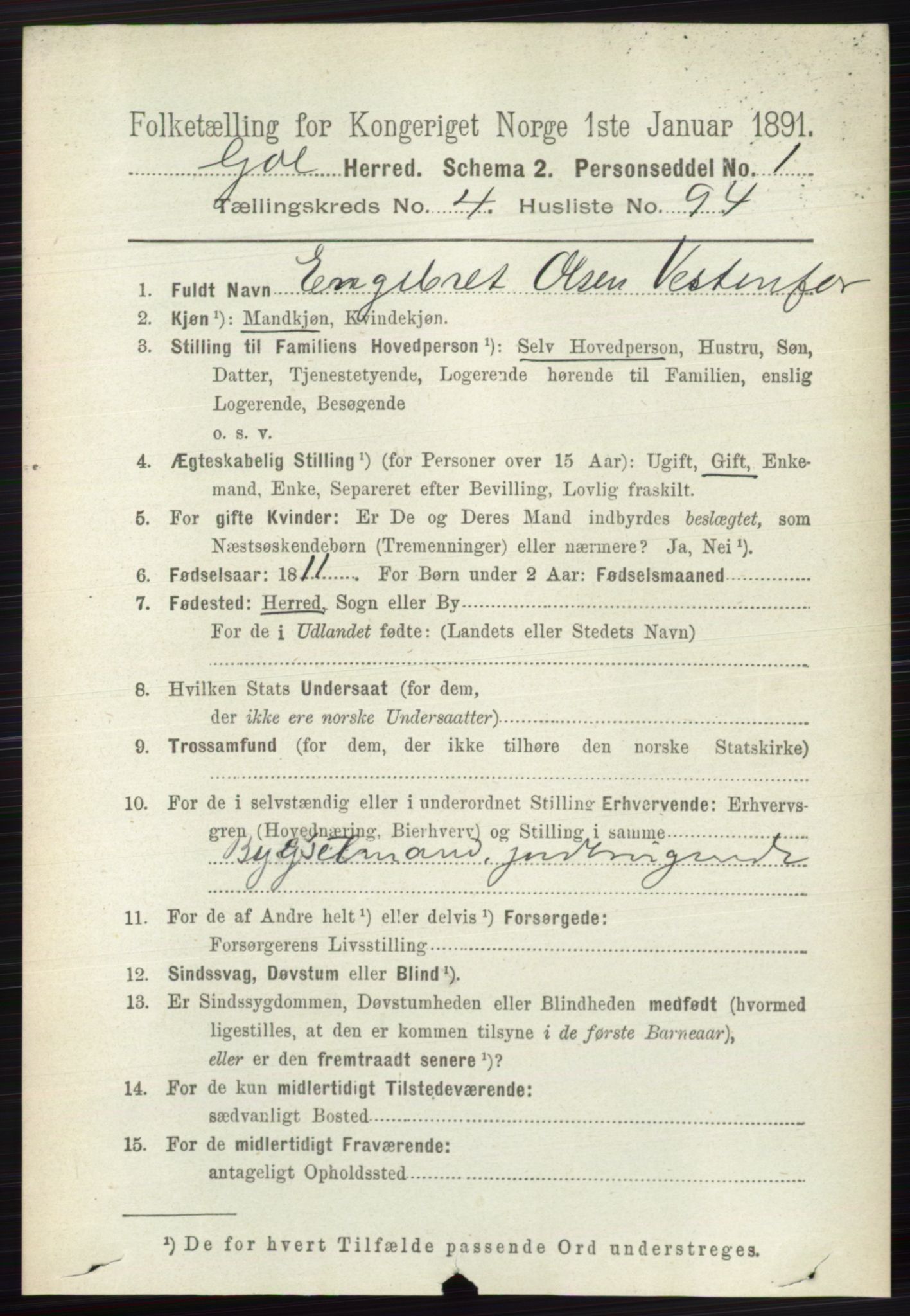 RA, 1891 census for 0617 Gol og Hemsedal, 1891, p. 2282