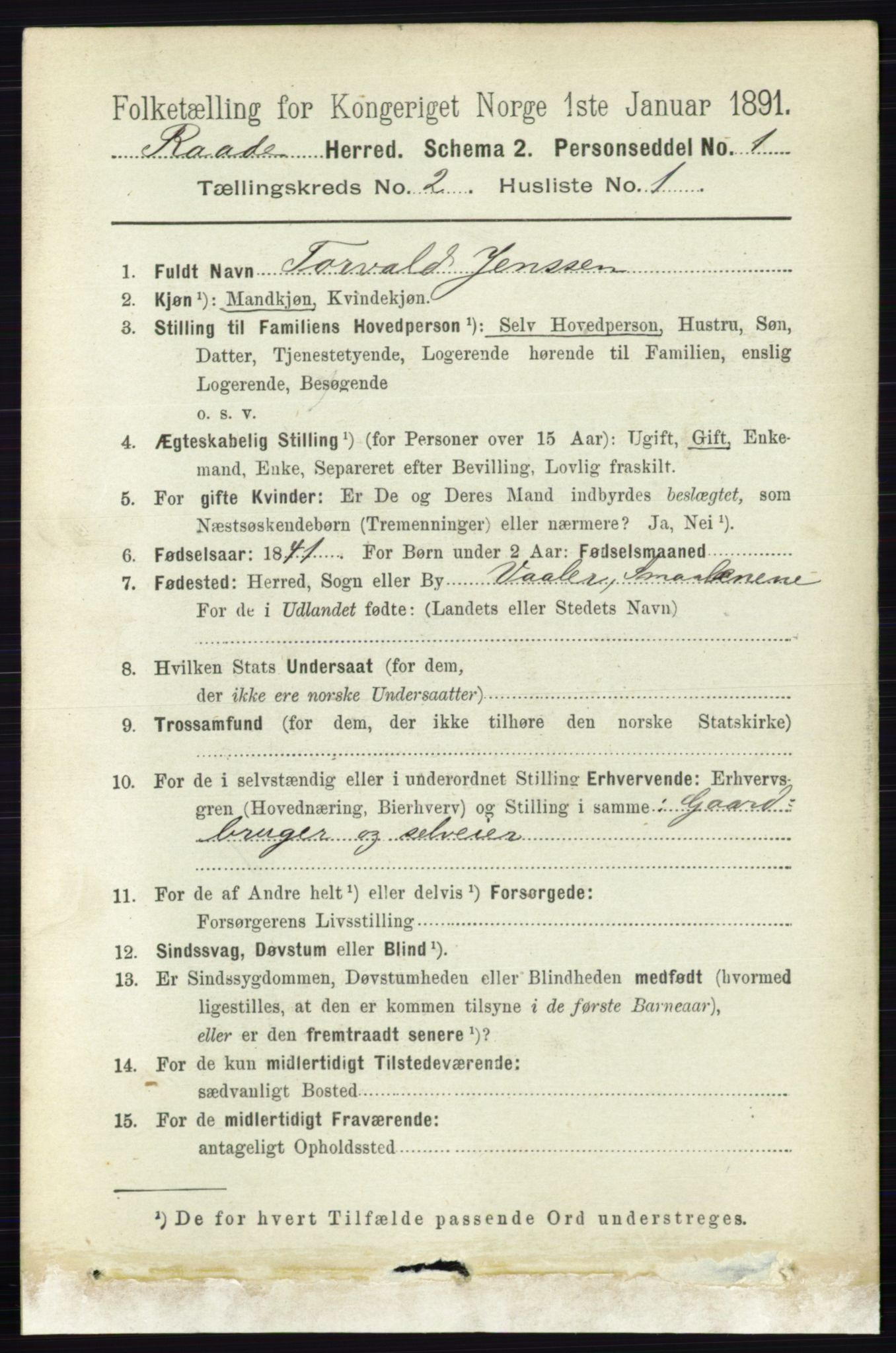 RA, 1891 census for 0135 Råde, 1891, p. 613