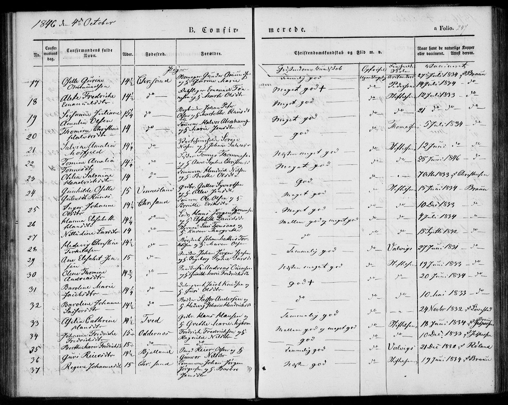 Kristiansand domprosti, AV/SAK-1112-0006/F/Fa/L0013: Parish register (official) no. A 13, 1842-1851, p. 247