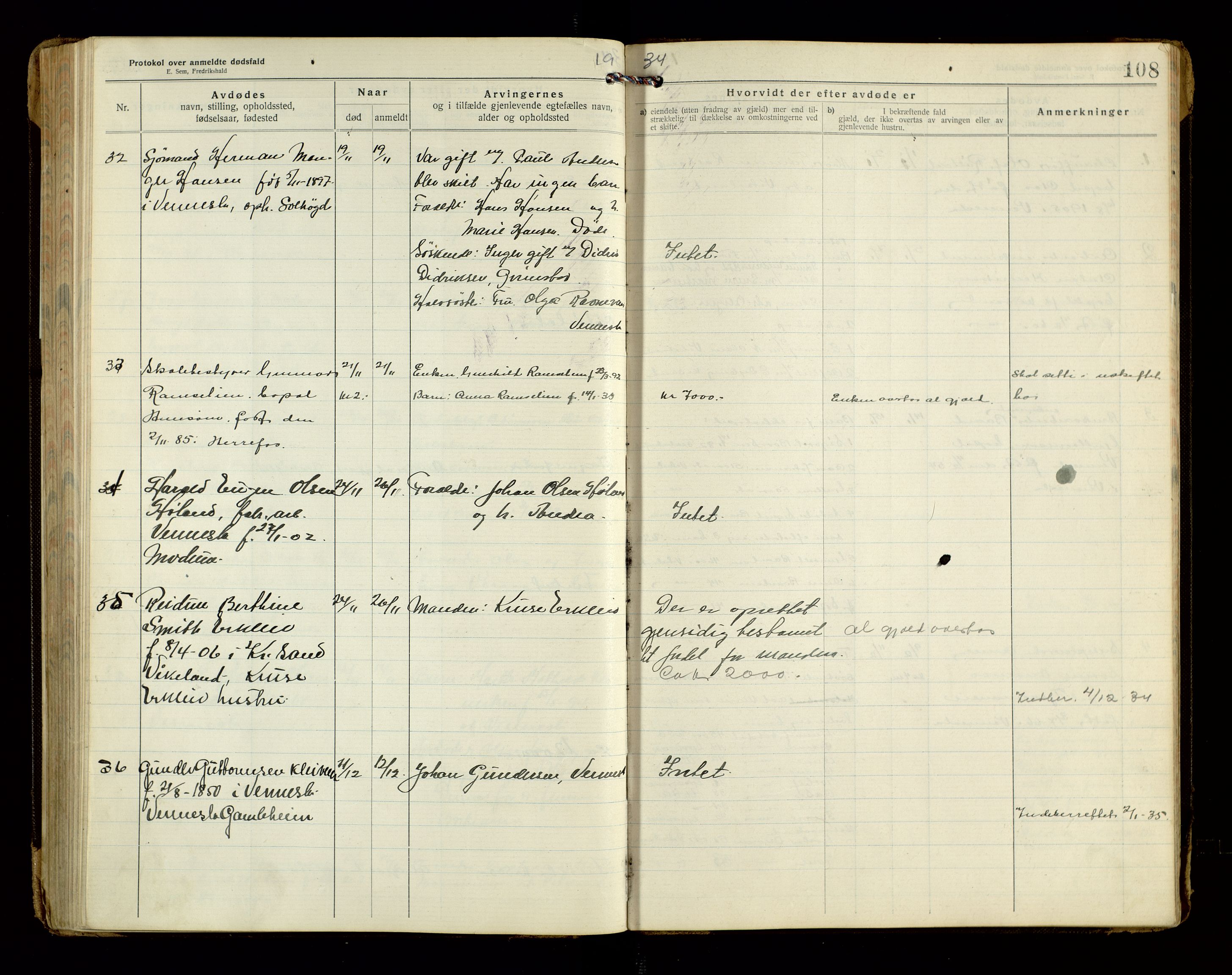 Vennesla og Iveland lensmannskontor, AV/SAK-1241-0050/F/Fe/L0001: Dødsfallsprotokoll nr 7, 1920-1940, p. 108