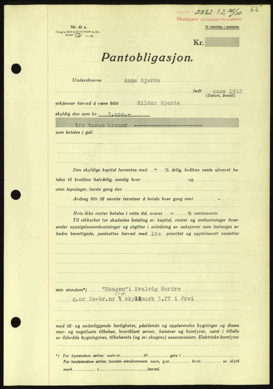 Nordmøre sorenskriveri, AV/SAT-A-4132/1/2/2Ca: Mortgage book no. B90, 1942-1943, Diary no: : 2882/1942