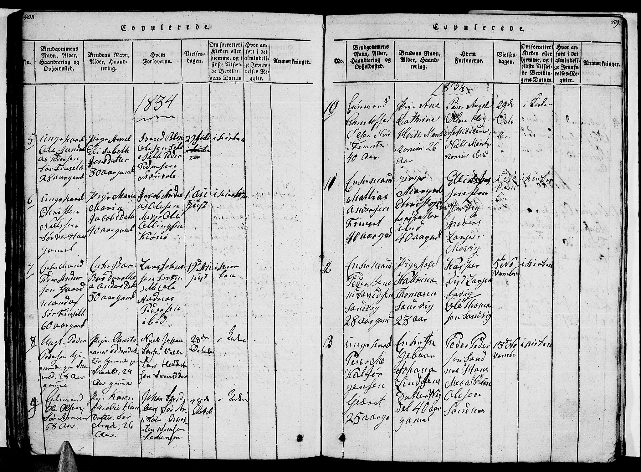 Ministerialprotokoller, klokkerbøker og fødselsregistre - Nordland, AV/SAT-A-1459/805/L0105: Parish register (copy) no. 805C01, 1820-1839, p. 408-409