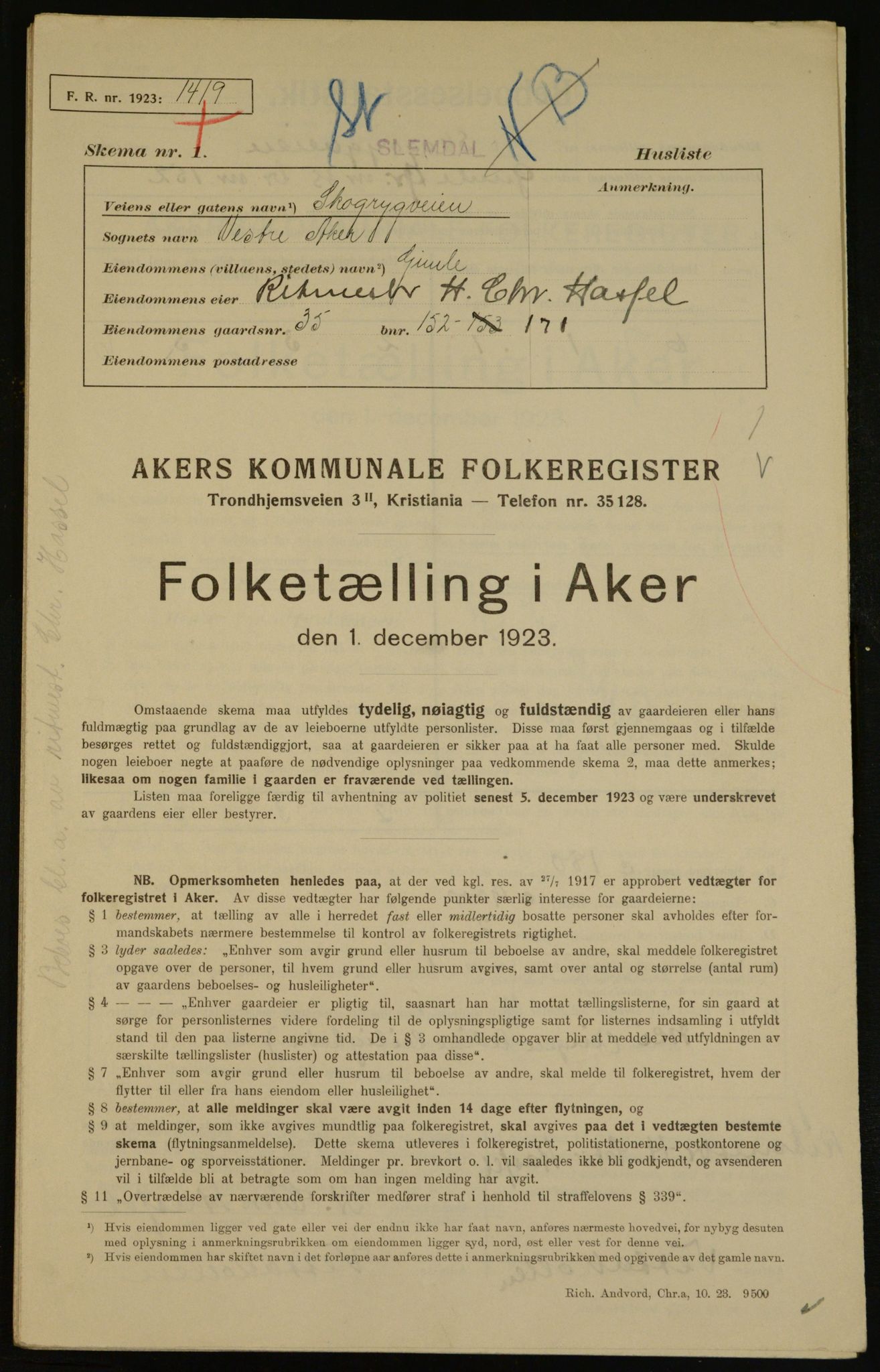 , Municipal Census 1923 for Aker, 1923, p. 16785