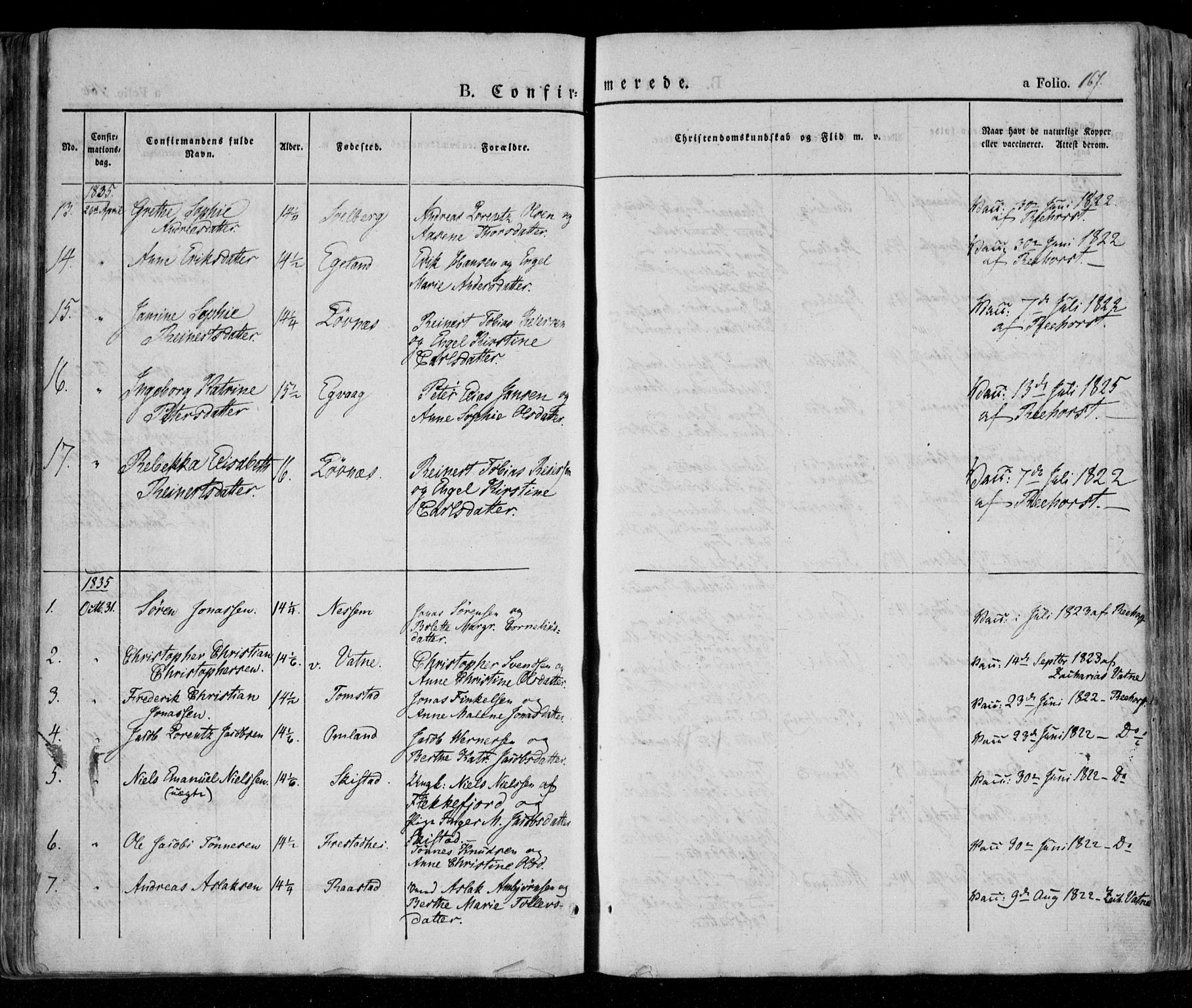 Lista sokneprestkontor, AV/SAK-1111-0027/F/Fa/L0009: Parish register (official) no. A 9, 1835-1846, p. 167