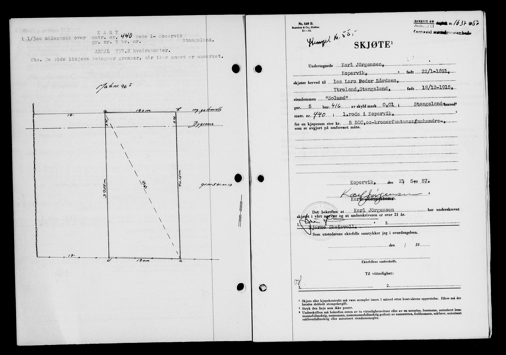 Karmsund sorenskriveri, AV/SAST-A-100311/01/II/IIB/L0125: Mortgage book no. 105A, 1957-1957, Diary no: : 1637/1957