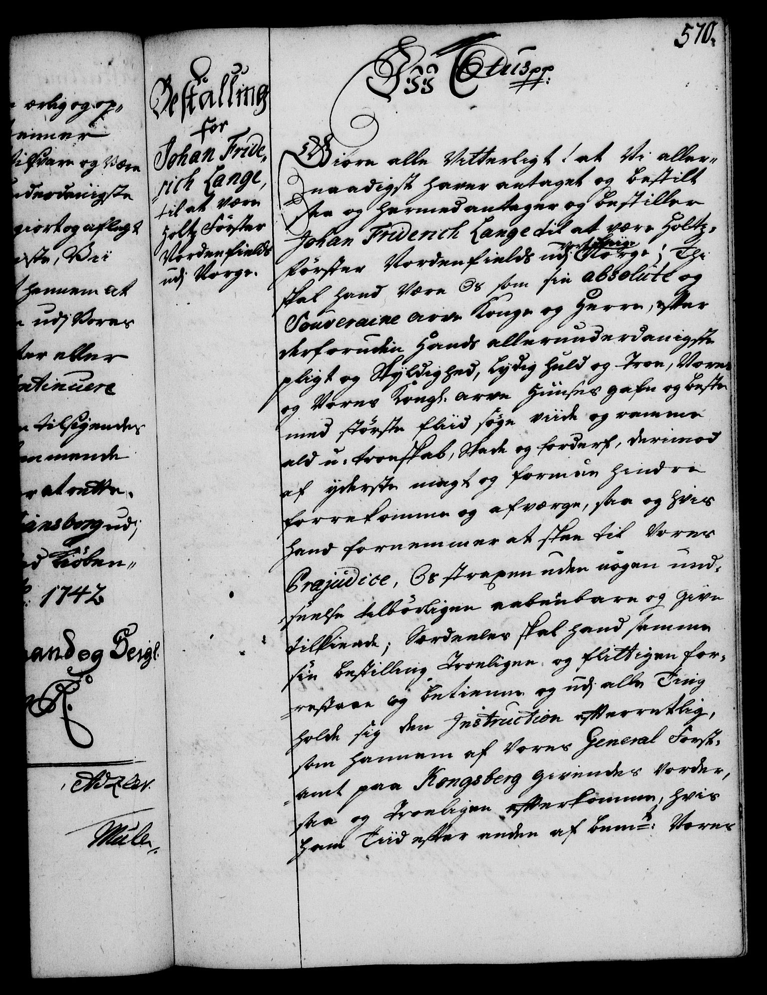 Rentekammeret, Kammerkanselliet, RA/EA-3111/G/Gg/Gge/L0002: Norsk bestallingsprotokoll med register (merket RK 53.26), 1730-1744, p. 570