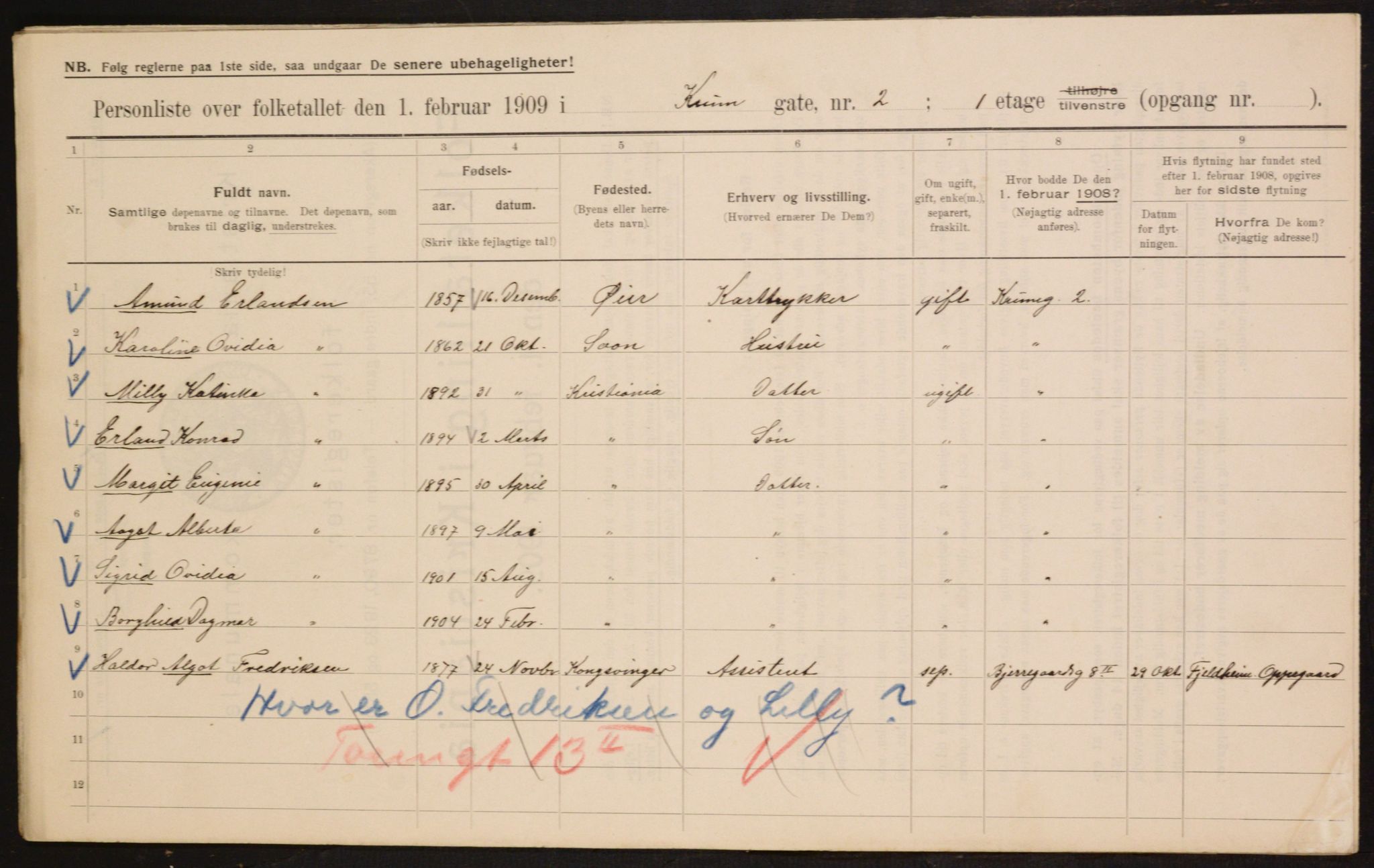 OBA, Municipal Census 1909 for Kristiania, 1909, p. 50215