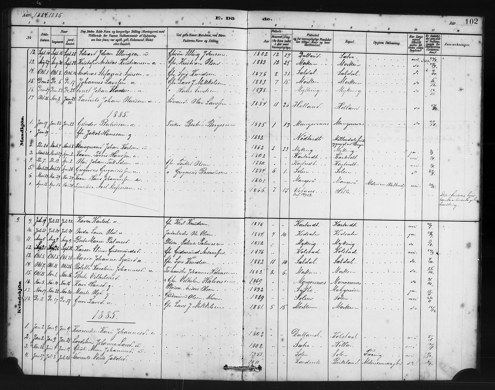 Manger sokneprestembete, SAB/A-76801/H/Haa: Parish register (official) no. B 1, 1881-1892, p. 102