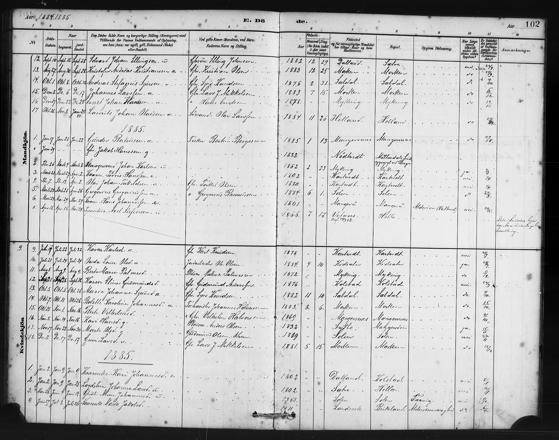 Manger sokneprestembete, AV/SAB-A-76801/H/Haa: Parish register (official) no. B 1, 1881-1892, p. 102