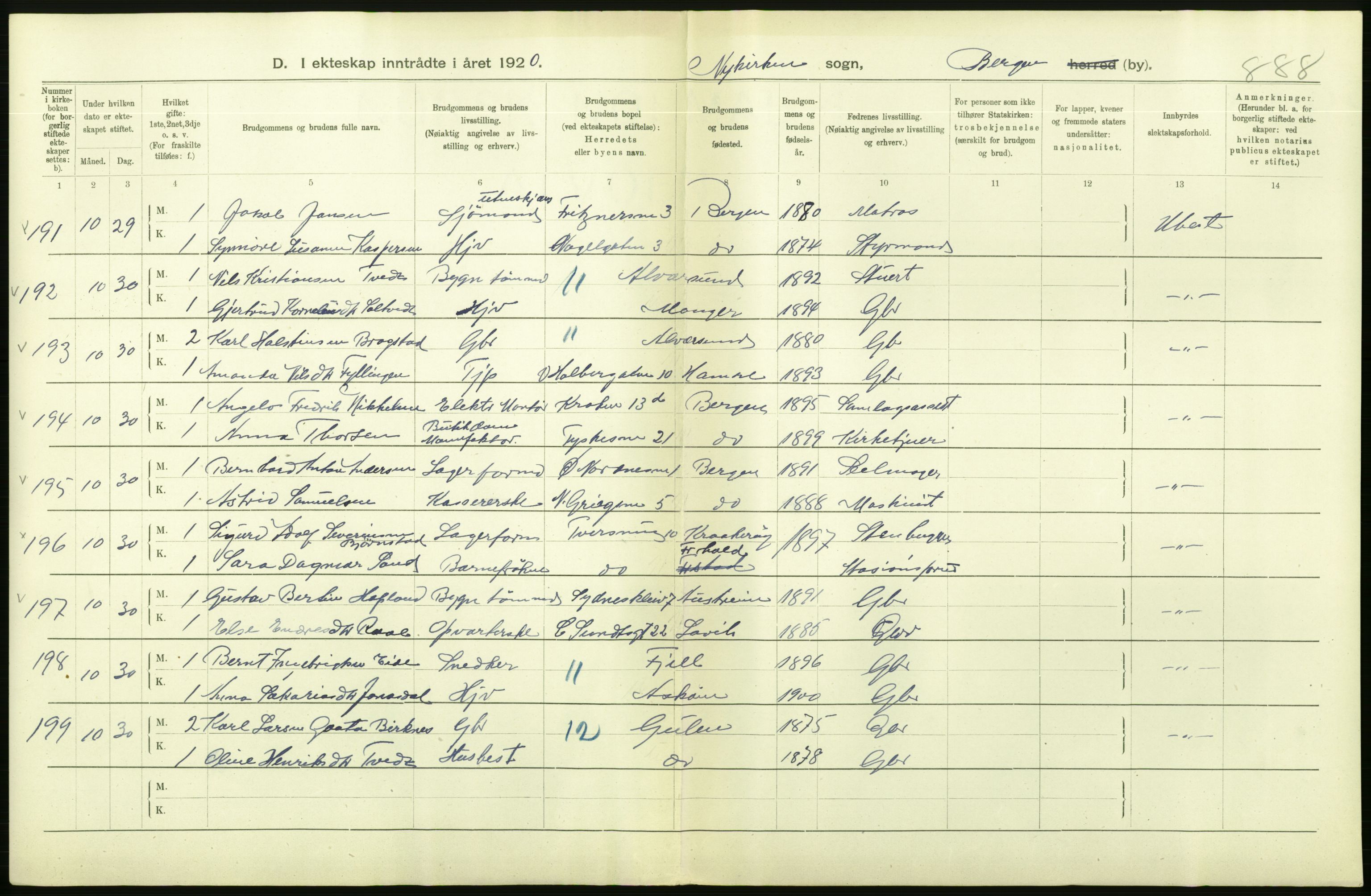 Statistisk sentralbyrå, Sosiodemografiske emner, Befolkning, AV/RA-S-2228/D/Df/Dfb/Dfbj/L0042: Bergen: Gifte, døde, dødfødte., 1920, p. 112