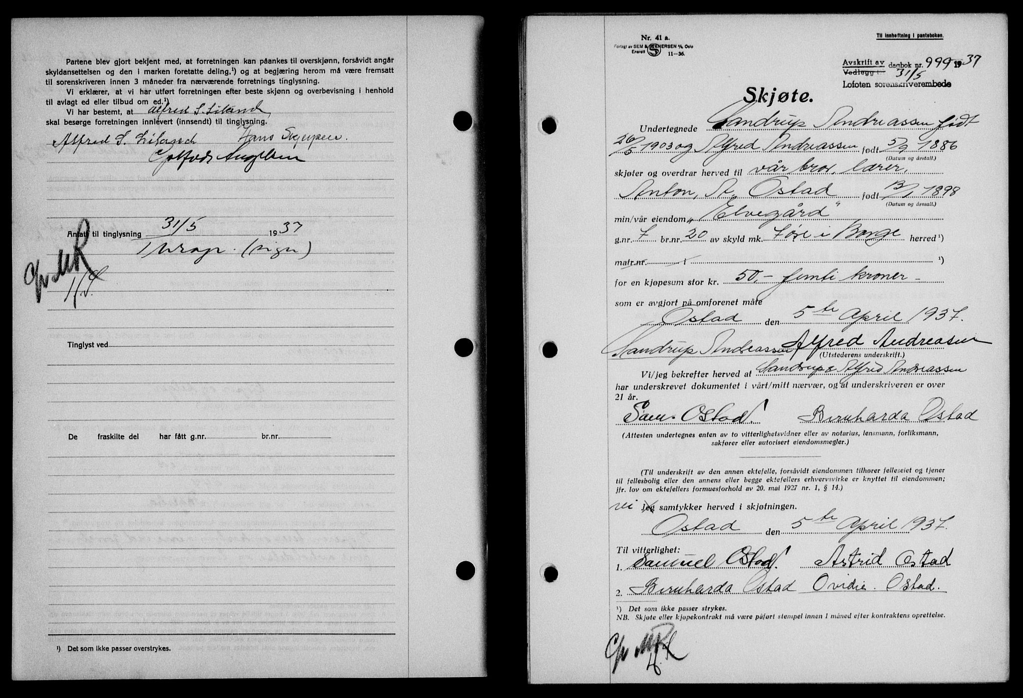 Lofoten sorenskriveri, SAT/A-0017/1/2/2C/L0002a: Mortgage book no. 2a, 1937-1937, Diary no: : 999/1937