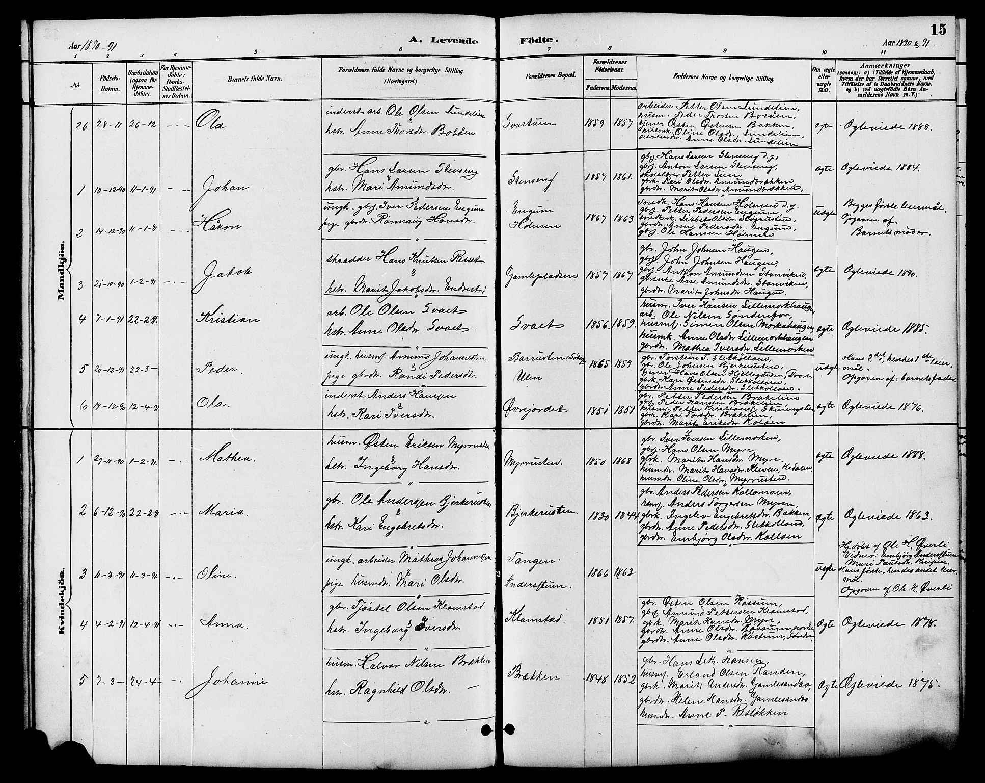 Nord-Fron prestekontor, SAH/PREST-080/H/Ha/Hab/L0006: Parish register (copy) no. 6, 1887-1914, p. 15