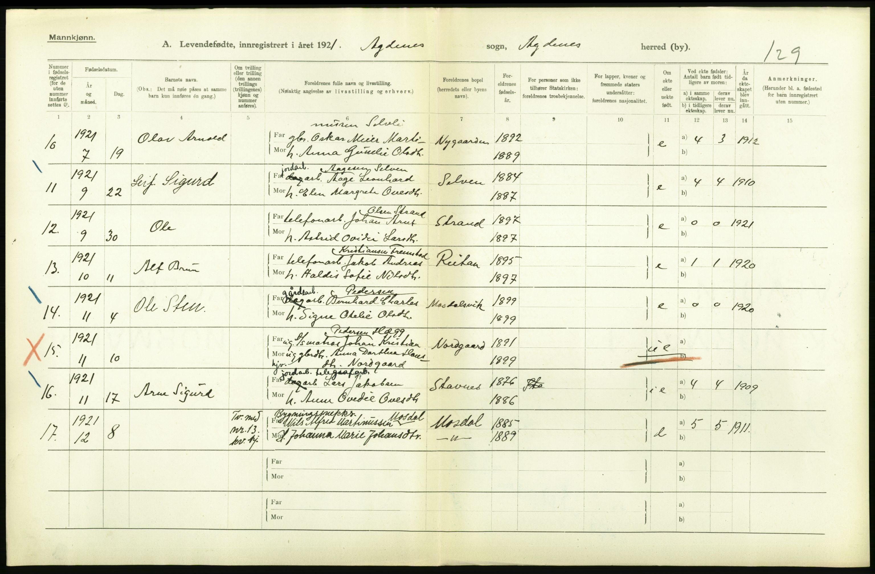 Statistisk sentralbyrå, Sosiodemografiske emner, Befolkning, RA/S-2228/D/Df/Dfc/Dfca/L0043: S. Trøndelag fylke: Levendefødte menn og kvinner. Bygder., 1921, p. 38