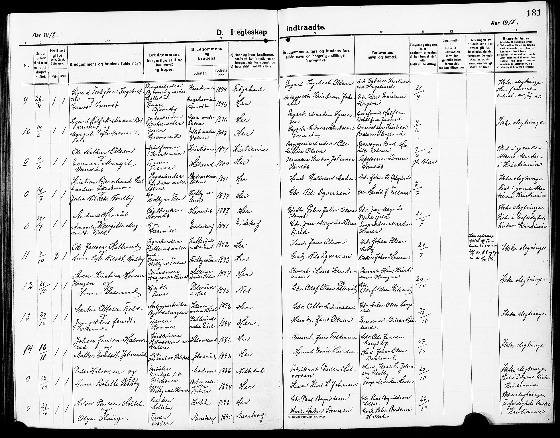 Høland prestekontor Kirkebøker, AV/SAO-A-10346a/G/Ga/L0008: Parish register (copy) no. I 8, 1915-1929, p. 181