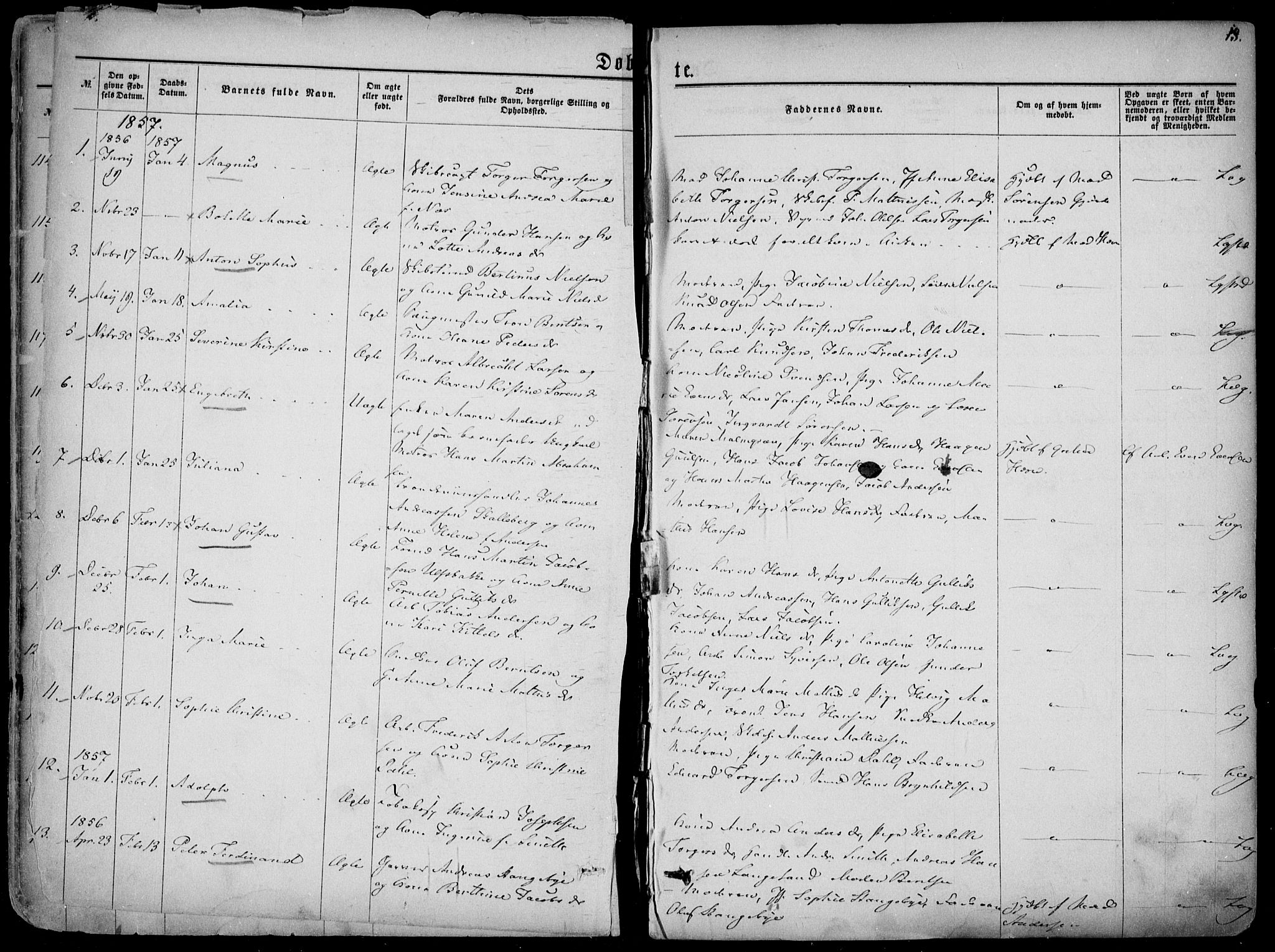 Larvik kirkebøker, AV/SAKO-A-352/F/Fa/L0004: Parish register (official) no. I 4, 1856-1870, p. 13