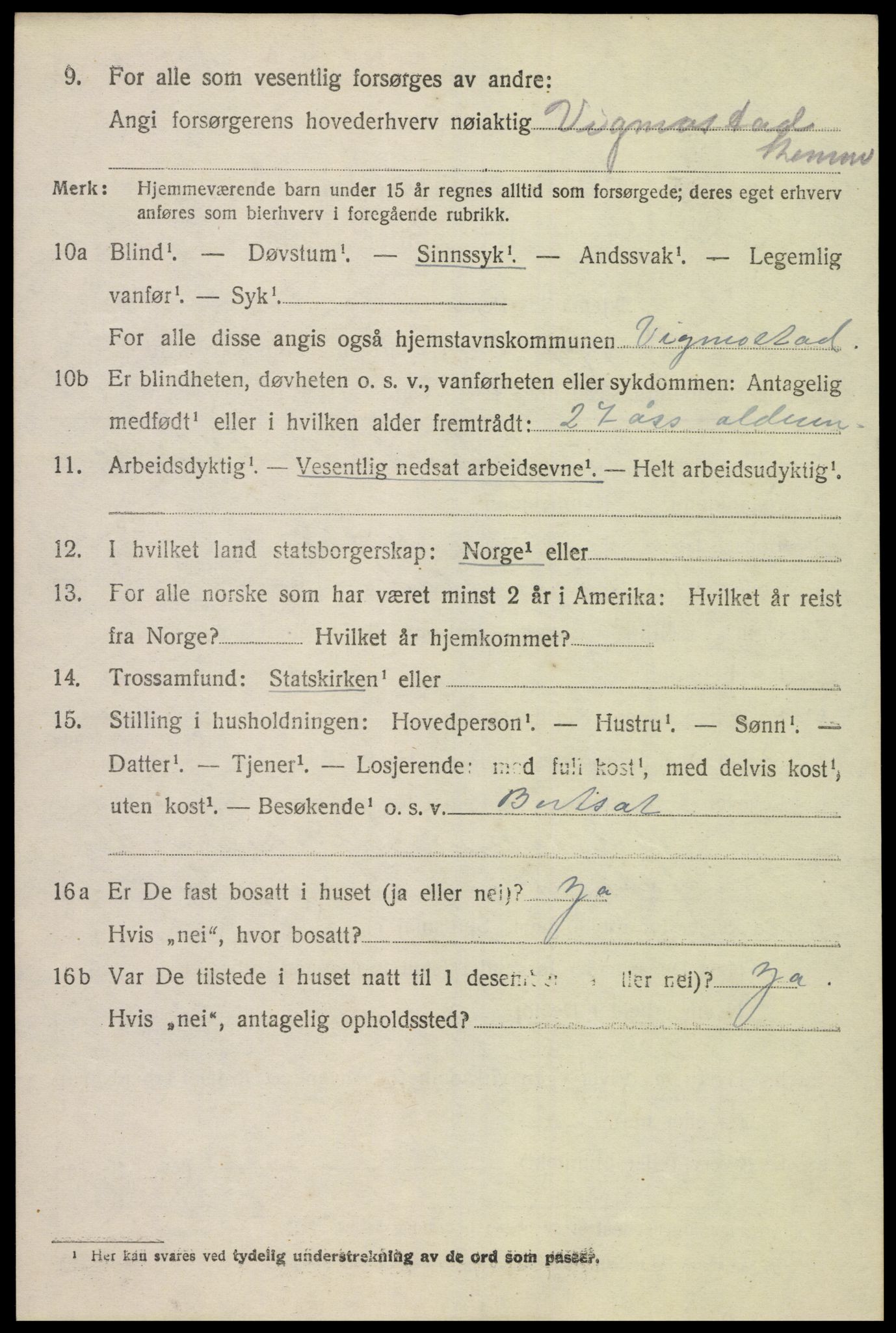 SAK, 1920 census for Vigmostad, 1920, p. 1162