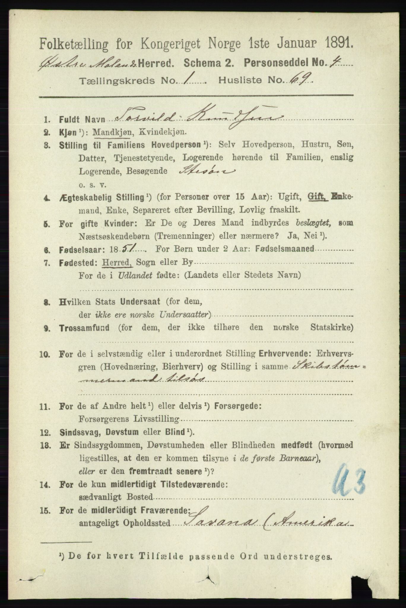 RA, 1891 census for 0918 Austre Moland, 1891, p. 546