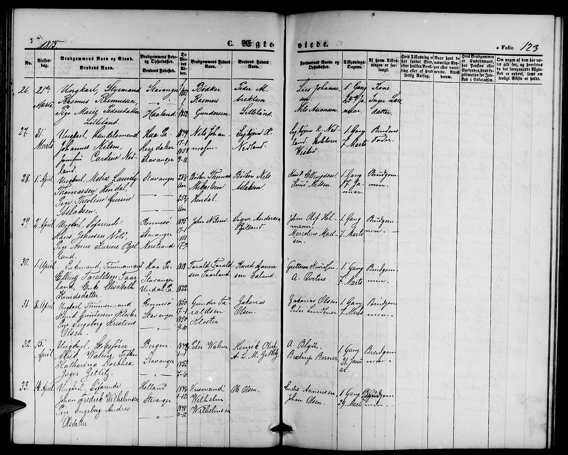 St. Petri sokneprestkontor, AV/SAST-A-101813/001/30/30BB/L0002: Parish register (copy) no. B 2, 1865-1885, p. 123