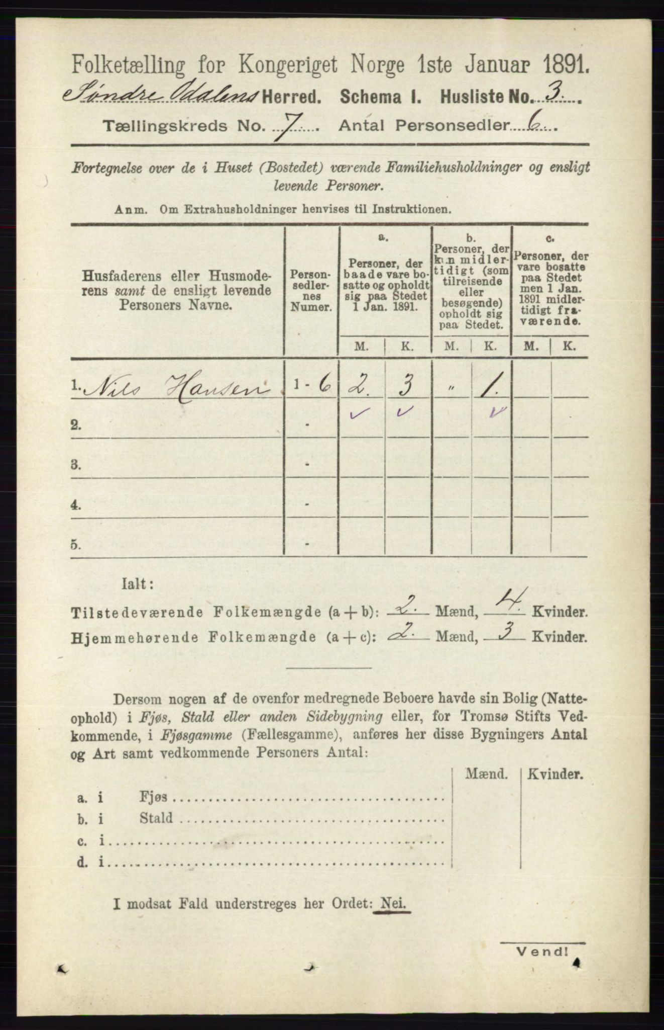 RA, 1891 census for 0419 Sør-Odal, 1891, p. 3494