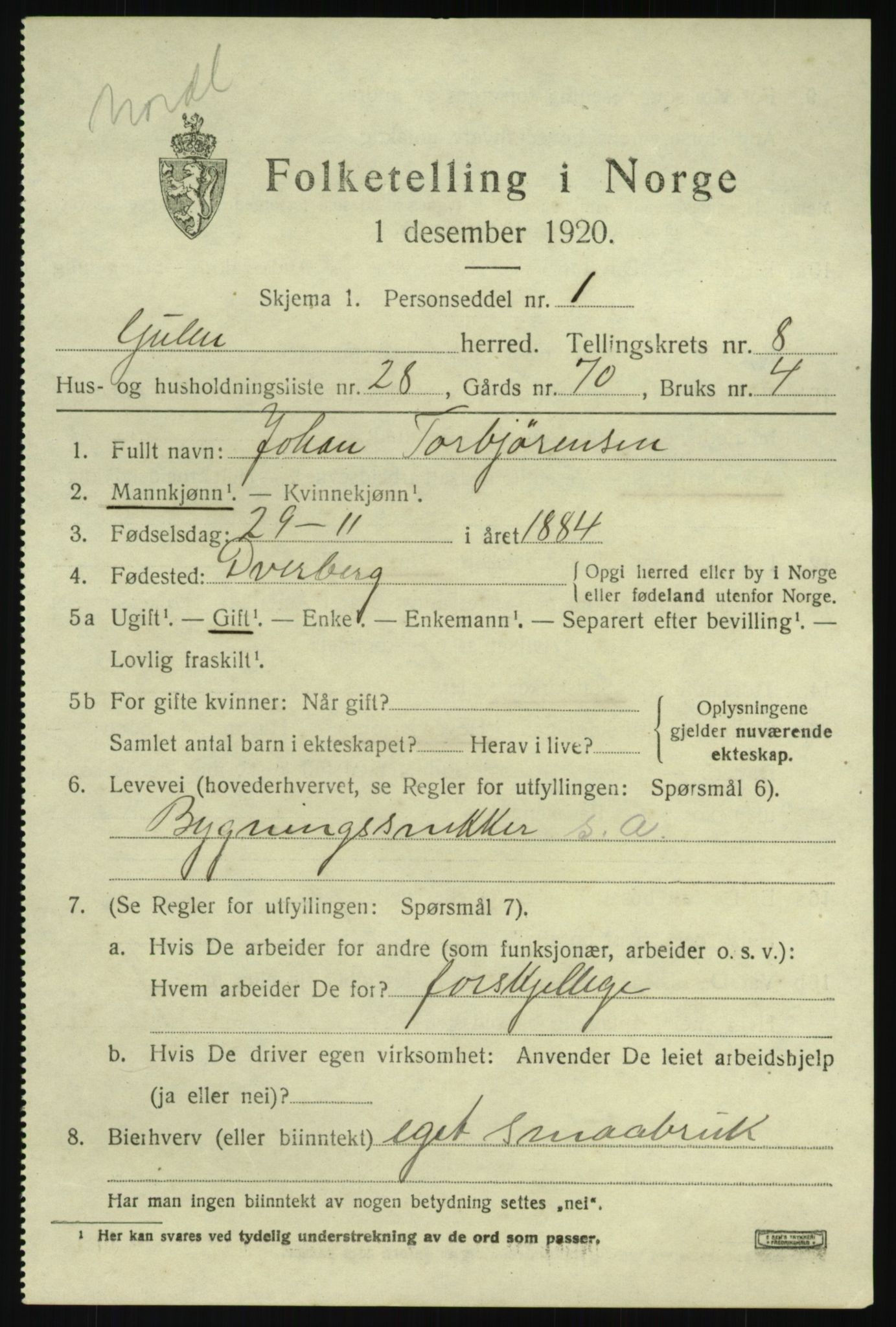 SAB, 1920 census for Gulen, 1920, p. 3869